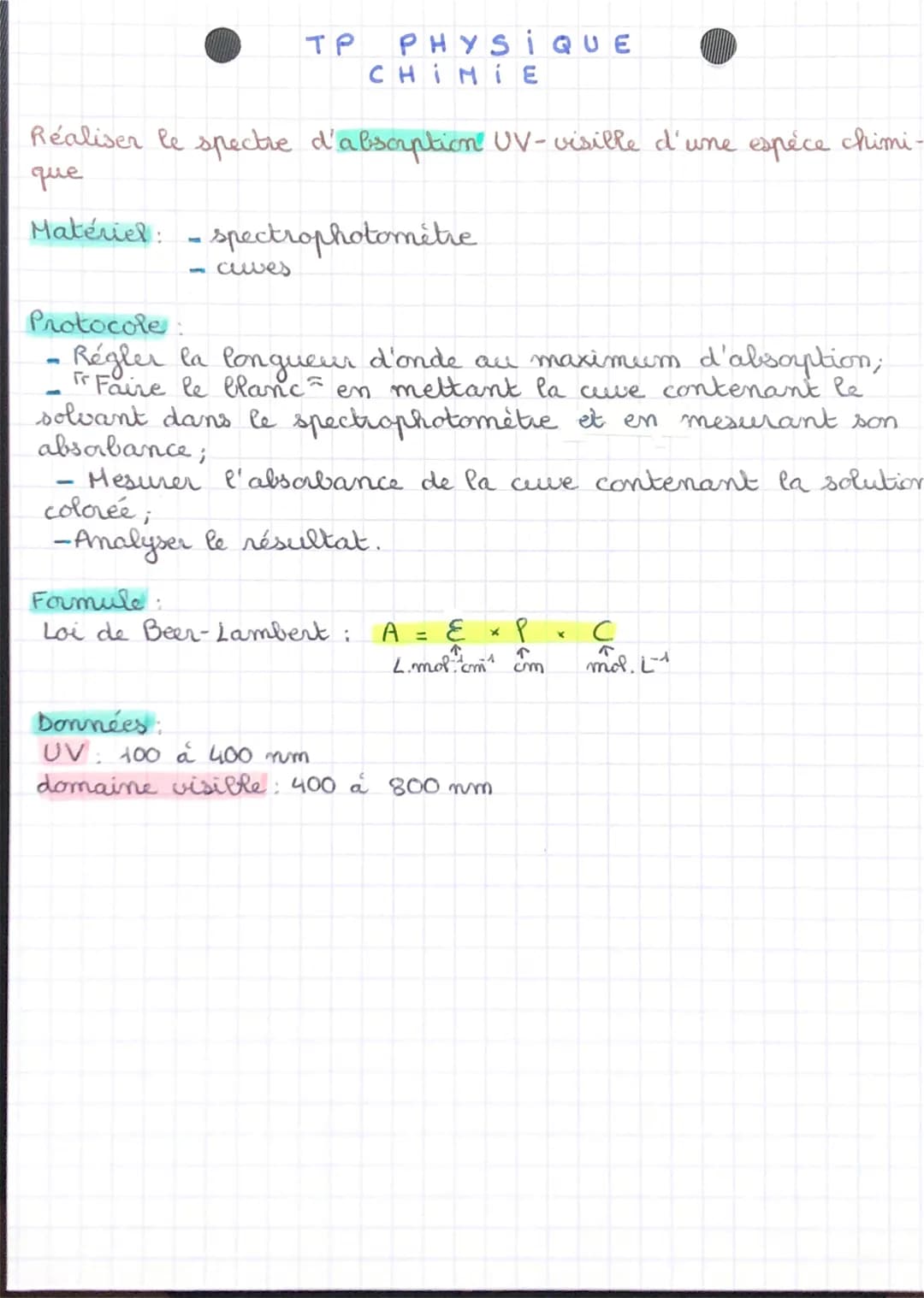 Matériel:
Réaliser le spectre d'absorption UV-visible d'une espèce chimi-
que
1
-
TP
cuves
PHYSIQUE
снініE
spectrophotométre
Protocole:
Régl