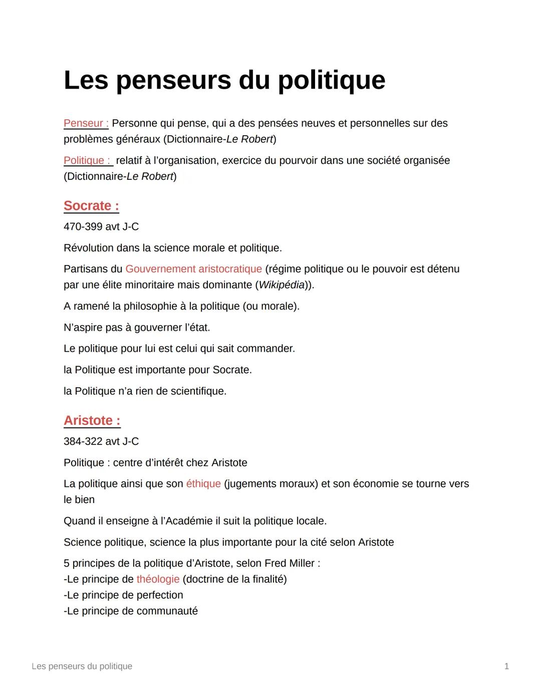 # Les penseurs du politique

**Penseur**: Personne qui pense, qui a des pensées neuves et personnelles sur des
problèmes généraux (Dictionna