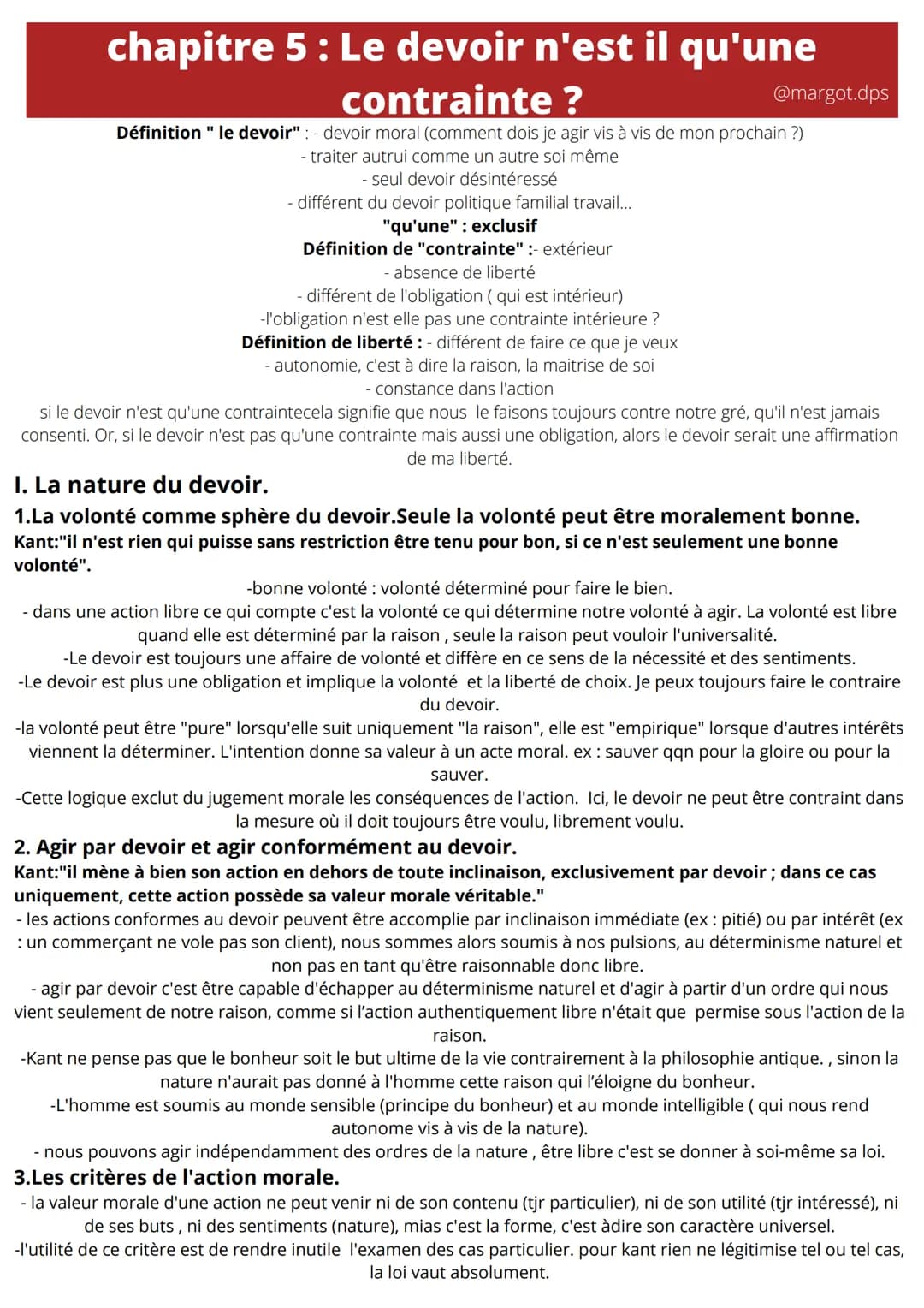 chapitre 5 : Le devoir n'est il qu'une
contrainte ?
Définition " le devoir" : - devoir moral (comment dois je agir vis à vis de mon prochain