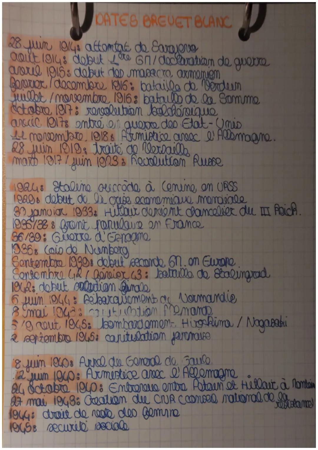 # DATES BREVET BLANC
28 juin 19143 attentat de Sarajevo
aout 1914: debut ère G7/declaration de guerre
averil 1915: debut dos masecro, armoni
