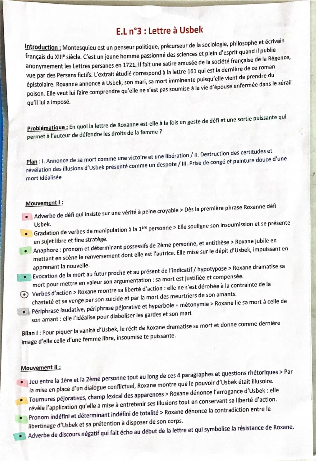 E.L n°3: Lettre à Usbek
Introduction: Montesquieu est un penseur politique, précurseur de la sociologie, philosophe et écrivain
français du 