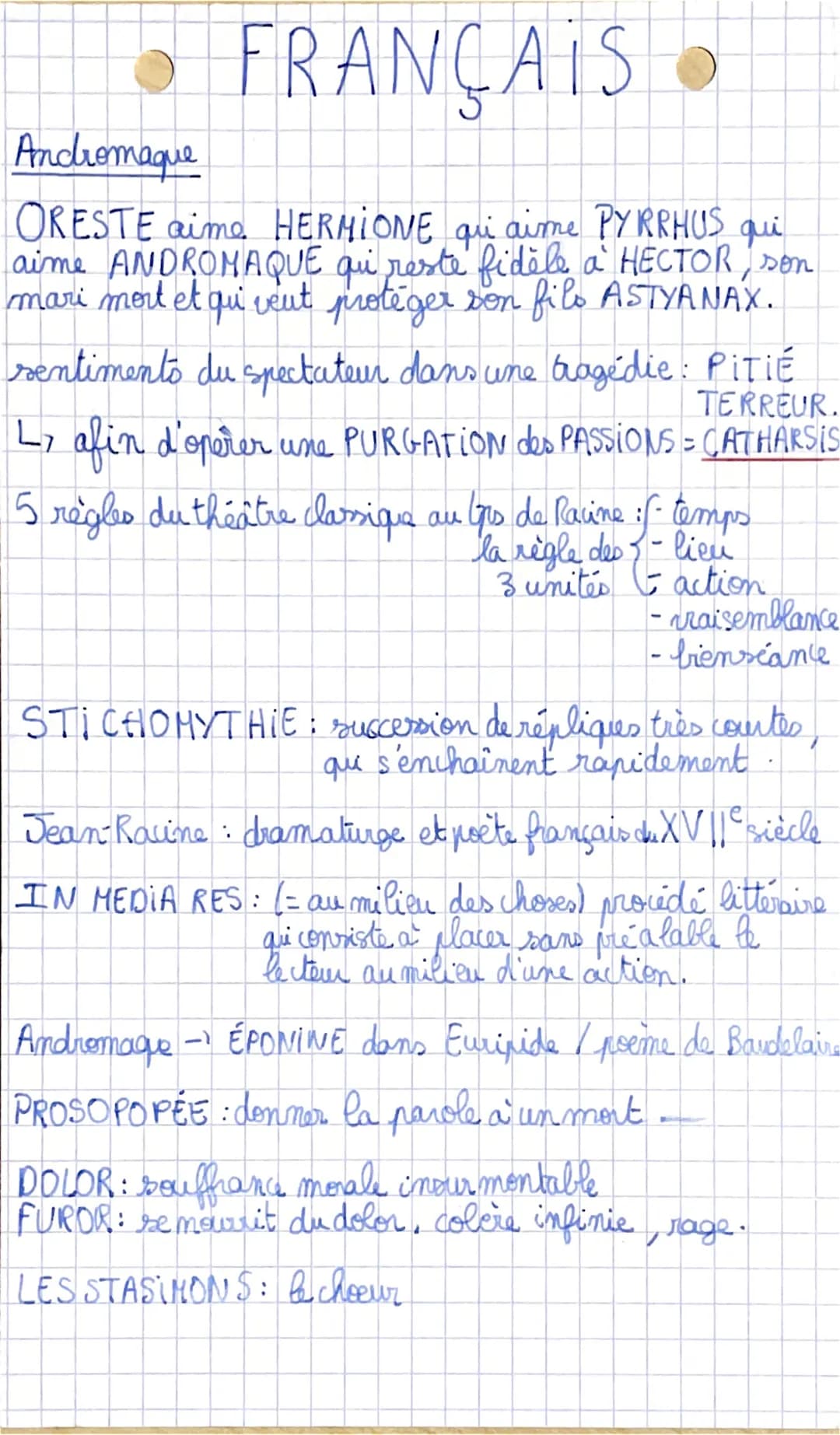 FRANÇAIS
Andromaque
ORESTE aime HERMIONE qui aime PYRRHUS qui
aime ANDROMAQUE qui reste fidèle à HECTOR, son
mari mort et qui veut protéger 