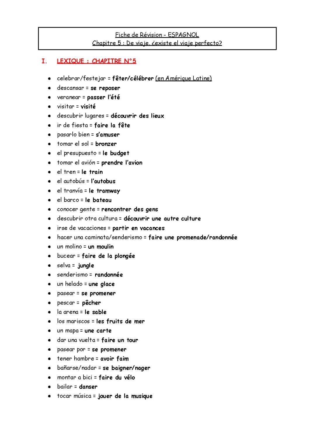 FICHE DE RÉVISION - ESPAGNOL (De viaje, ¿existe el viaje perfecto?) = Lexique du chapitre