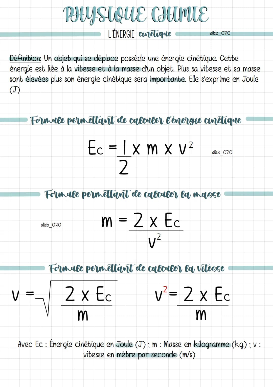 PHYSIQUE CHIMIE
L'ÉNERGIE cinétique
Définition: Un objet qui se déplace possède une énergie cinétique. Cette
énergie est liée à la vitesse e