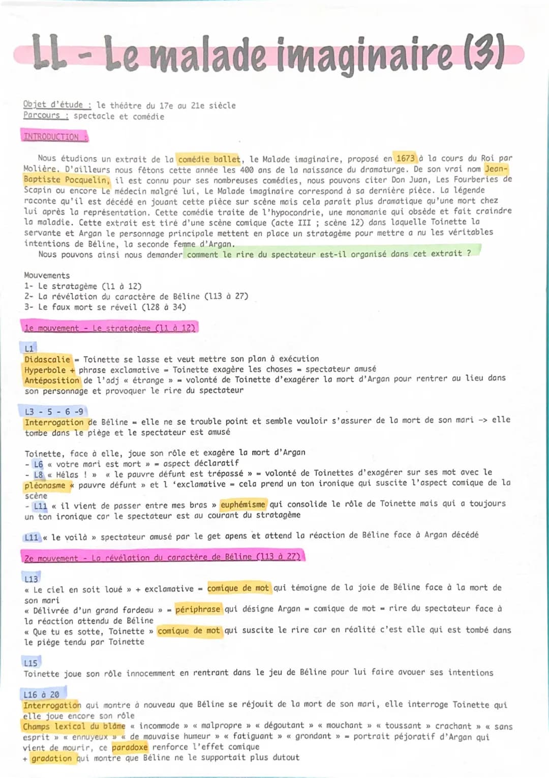 Le Malade Imaginaire Acte 3 Scène 12 PDF - Analyse Linéaire et Texte