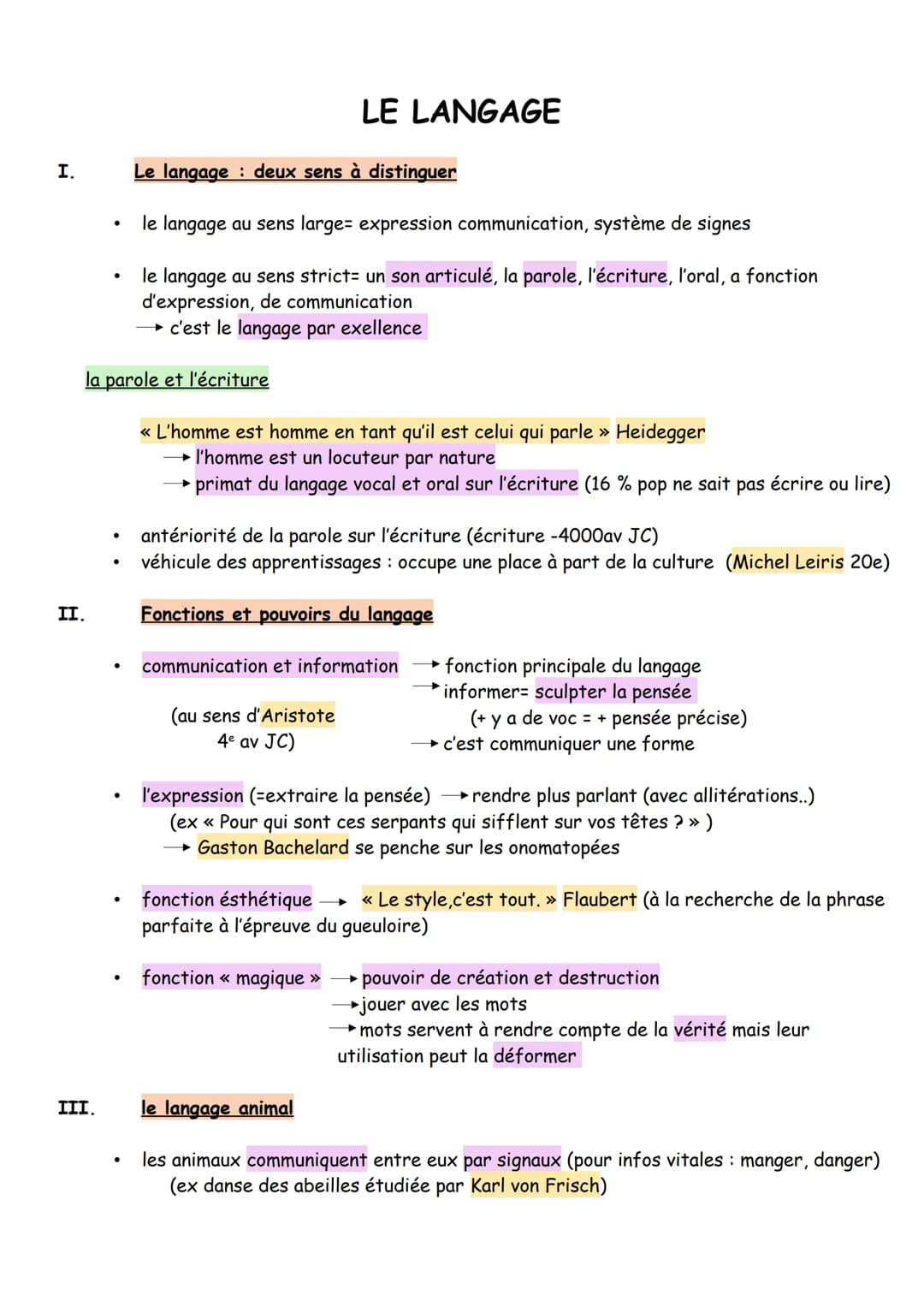 I.
II.
●
III.
la parole et l'écriture
●
Le langage : deux sens à distinguer
le langage au sens large= expression communication, système de s