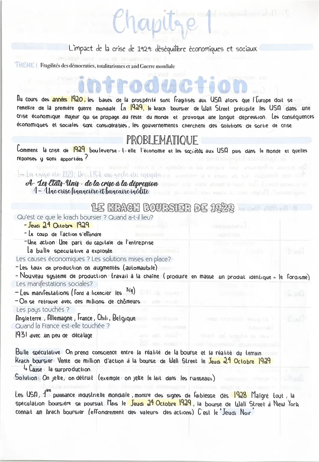 Chapitre 1
L'impact de la crise de 1929: déséquilibre économiques et sociaux
THEME Fragilités des démocraties, totalitarismes et 2nd Guerre 