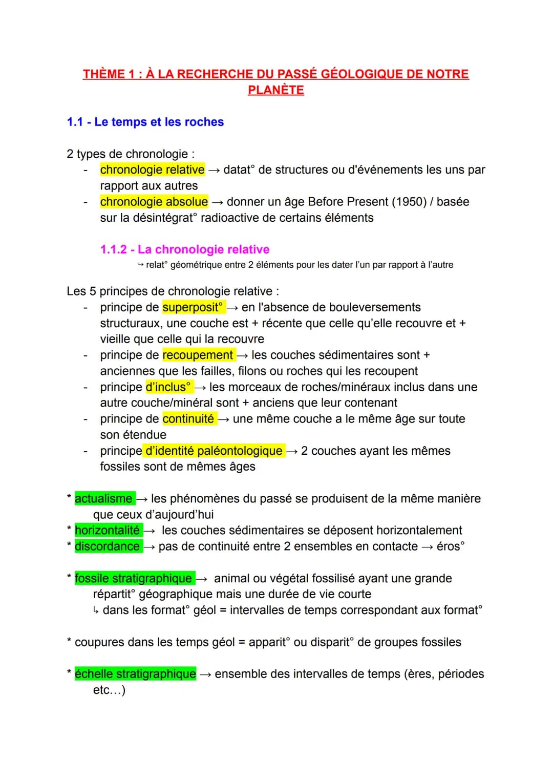 THÈME 1: À LA RECHERCHE DU PASSÉ GÉOLOGIQUE DE NOTRE
PLANÈTE
1.1 - Le temps et les roches
2 types de chronologie :
chronologie relative → da