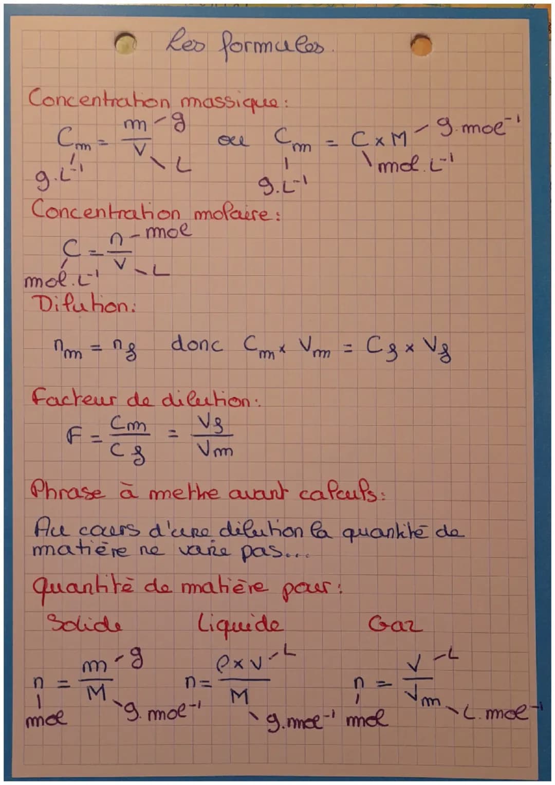# Les formules.

Concentration massique:
$C_m = \frac{m-g}{V} \frac{g}{L}$ ou $C_m = C \times M \frac{g.moe^{-1}}{mol.L^{-1}}$

Concentratio