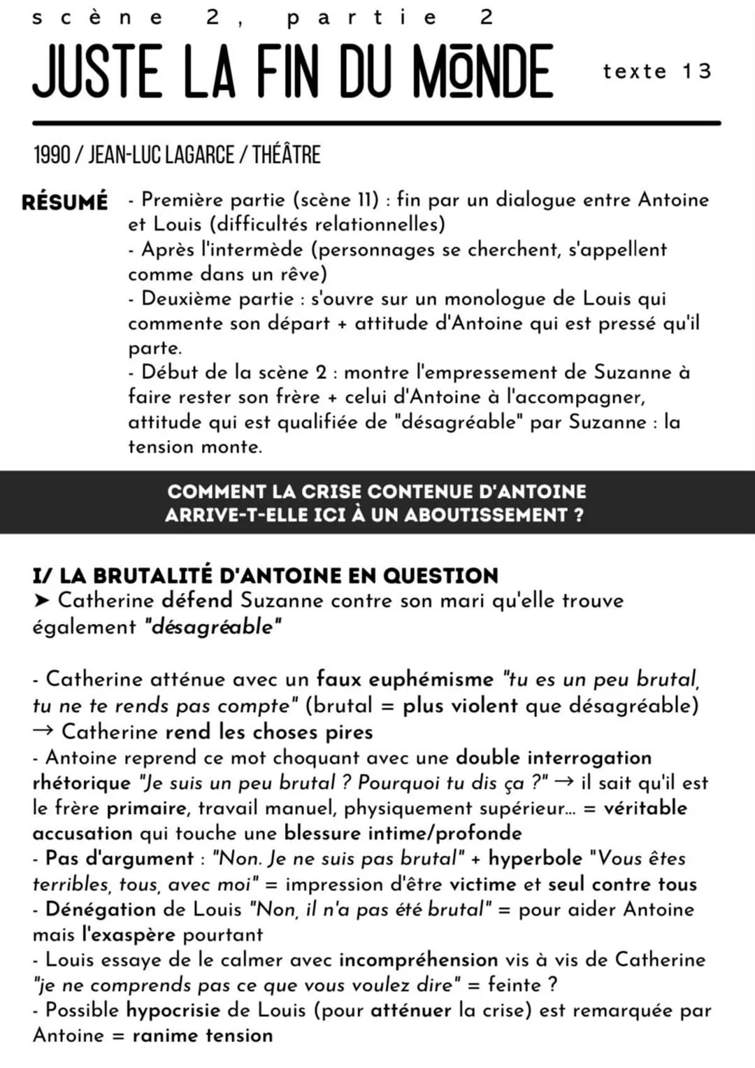 scène 2, partie 2
JUSTE LA FIN DU MONDE
1990/JEAN-LUC LAGARCE / THÉÂTRE
RÉSUMÉ Première partie (scène 11): fin par un dialogue entre Antoine