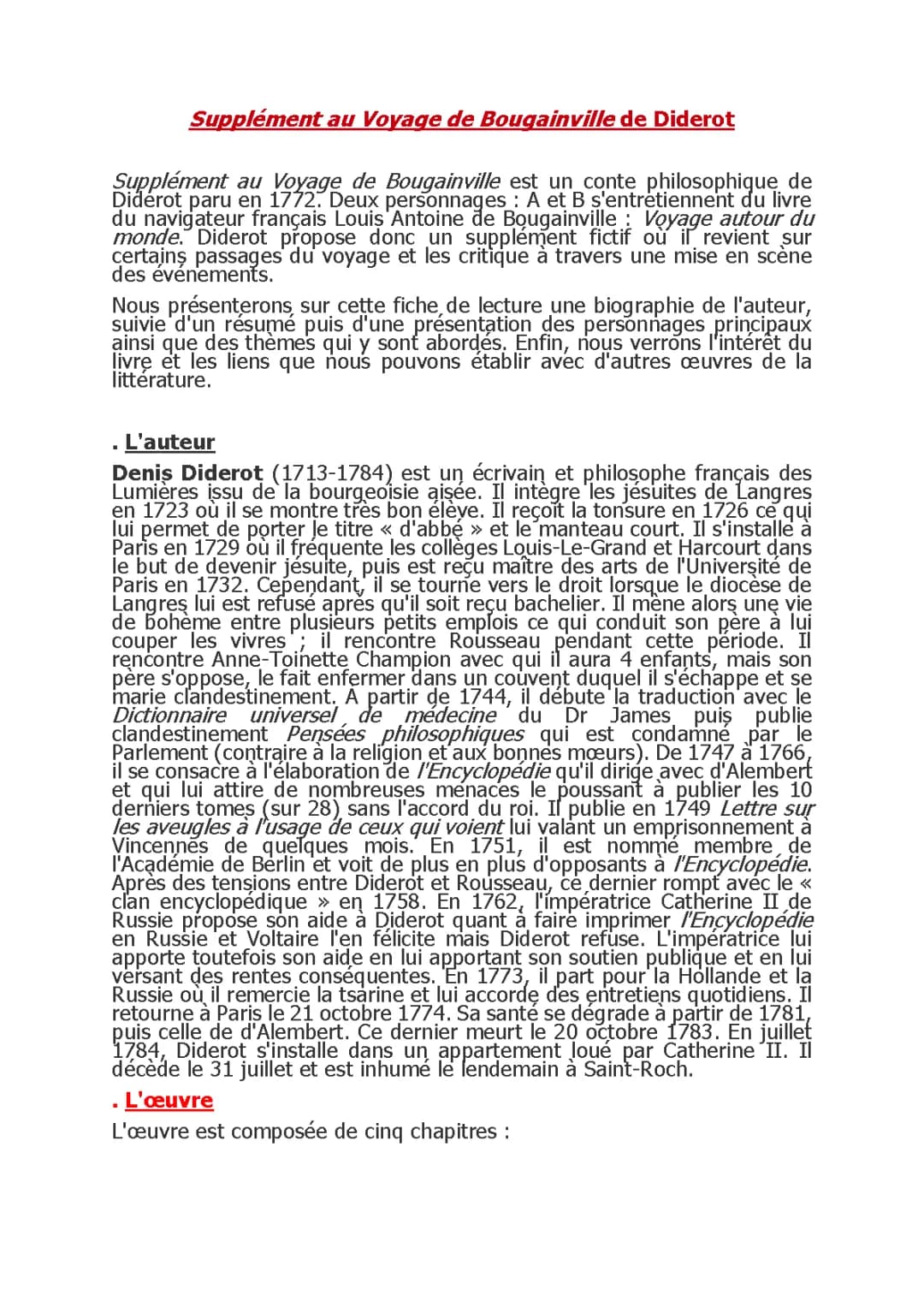Supplément au Voyage de Bougainville Résumé par Chapitre et Personnages - Analyse et PDF