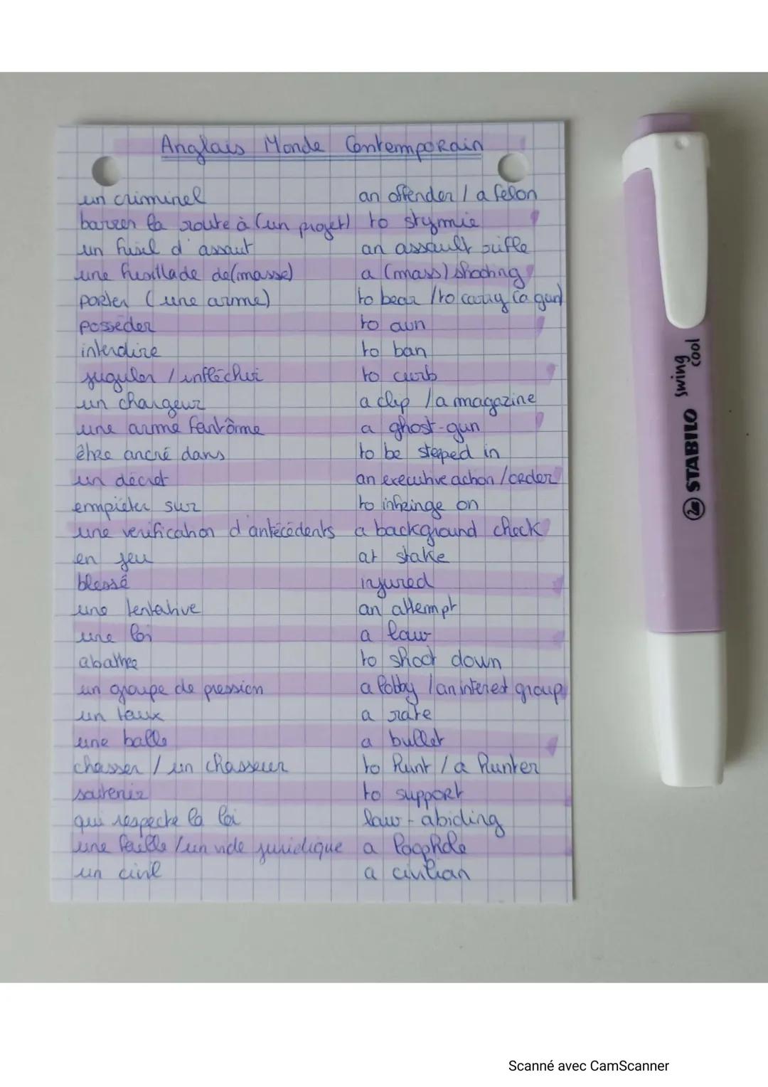 Anglais Monde Contemporain

un criminel an offender / a felon
barzer la route à Cun progett to stymie
un fusil d'assaut an assault sufle
une