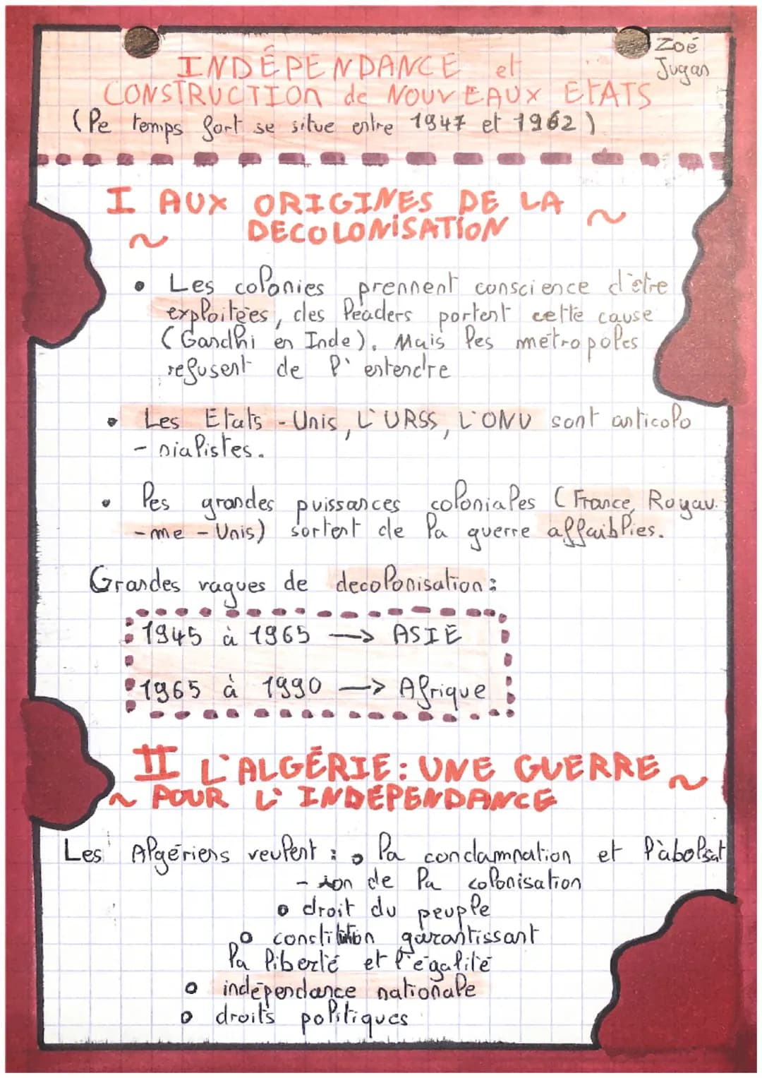 INDEPENDANCE et
CONSTRUCTION de NOUVEAUX ETATS
(Pe temps fort se situe entre 1947 et 1962)
I AUX ORIGINES DE LA
DECOLONISATION
·
♥
• Les col