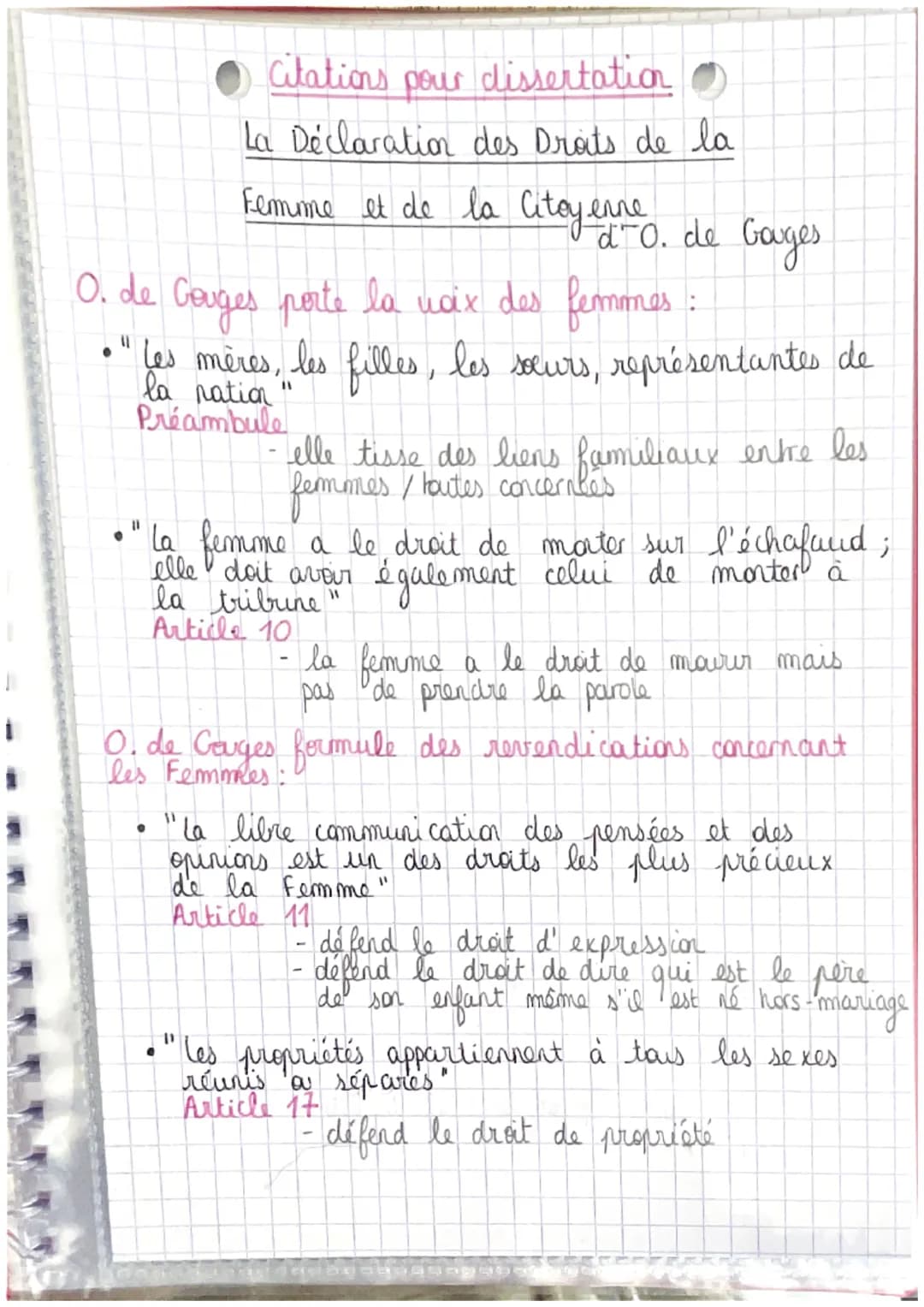 Citations pour dissertation
La Déclaration des Droits de la
Femme et de la Citoyenne
d O. de Gauges
O. de Couges porte la noix des femmes :
