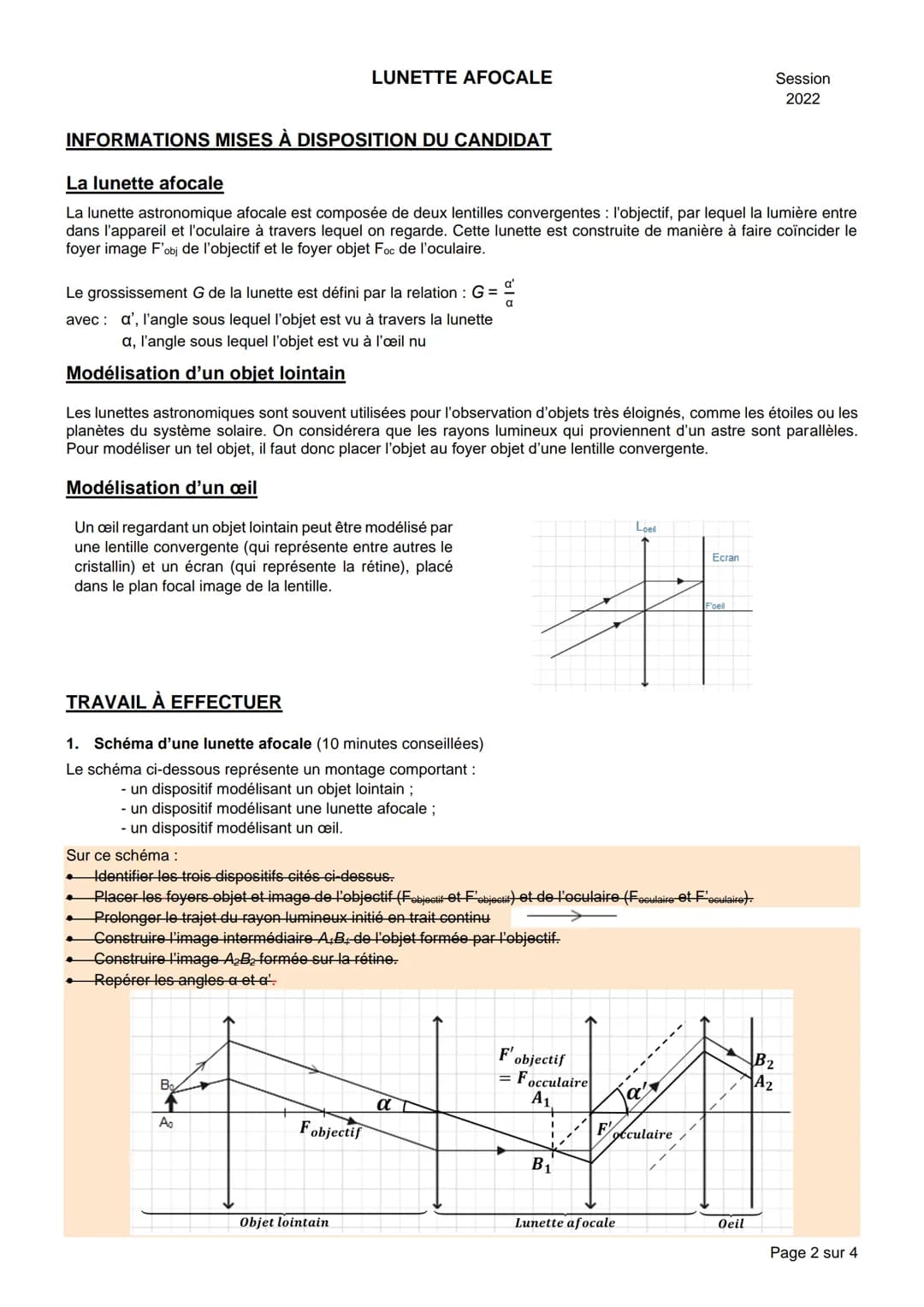 NOM :
LUNETTE AFOCALE
BACCALAURÉAT GÉNÉRAL
Épreuve pratique de l'enseignement de spécialité physique-chimie
Évaluation des Compétences Expér