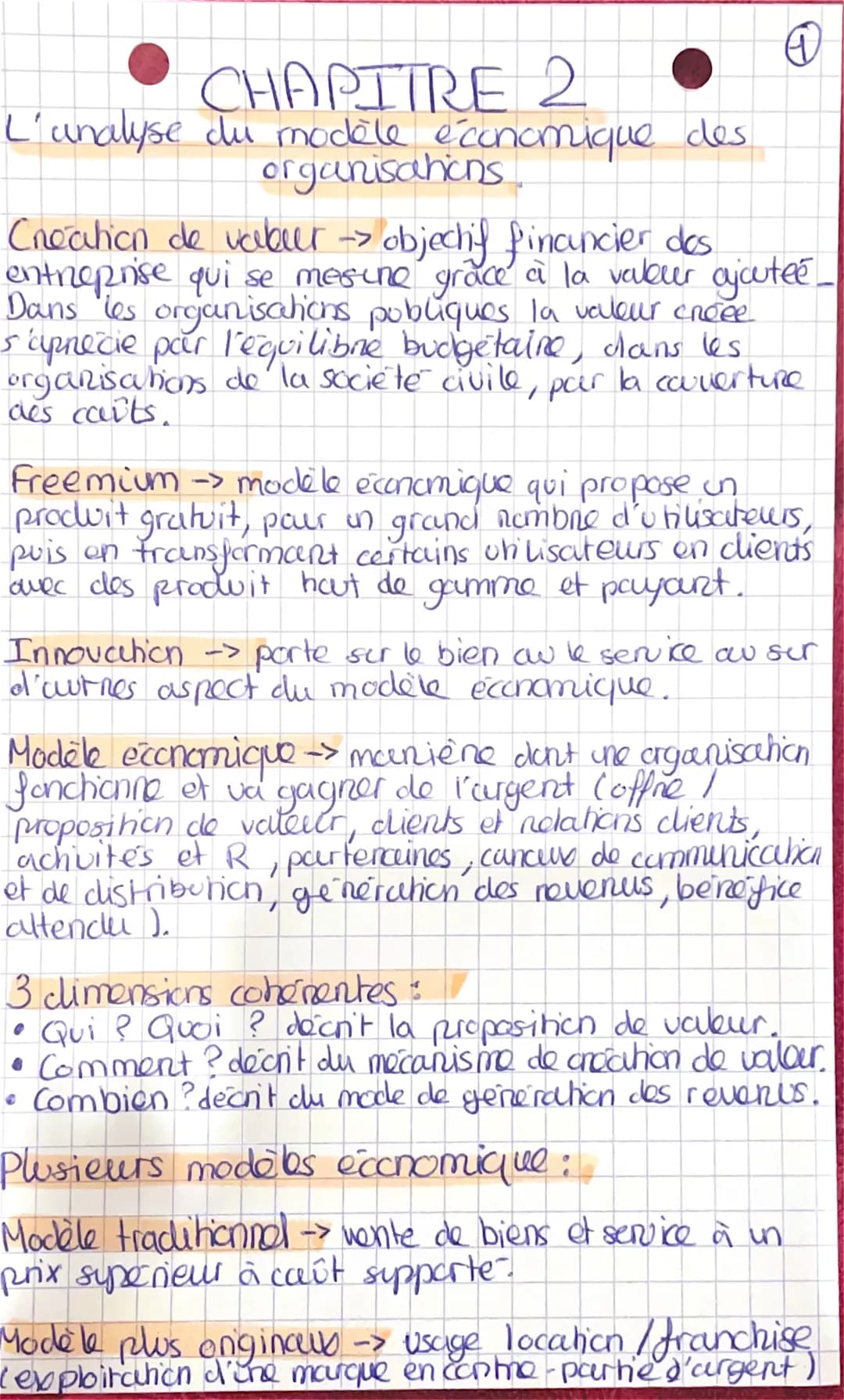 O
CHAPITRE 2
L'analyse du modèle économique des
organisations.
Creation de vabur -> objechif financier dos
entreprise qui se mesine grace à 