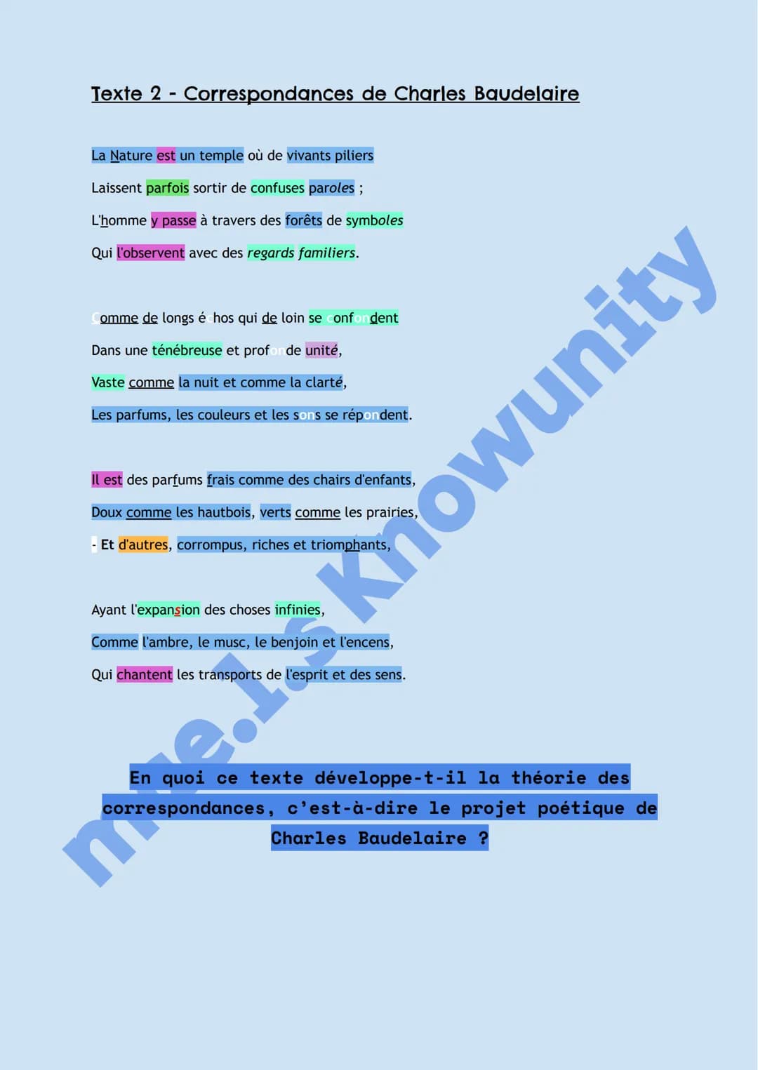Texte 2 - Correspondances de Charles Baudelaire
La Nature est un temple où de vivants piliers
Laissent parfois sortir de confuses paroles ;
