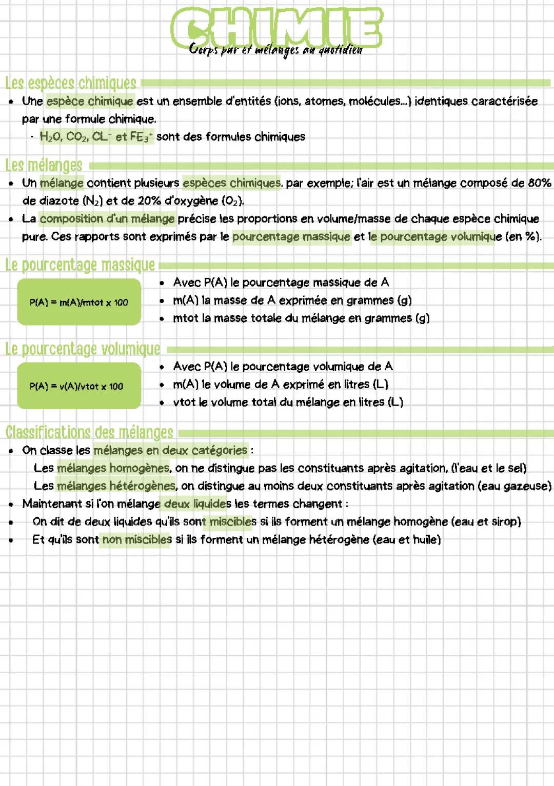 Corps purs et mélanges pour la Seconde: Exercice corrigé PDF et formules