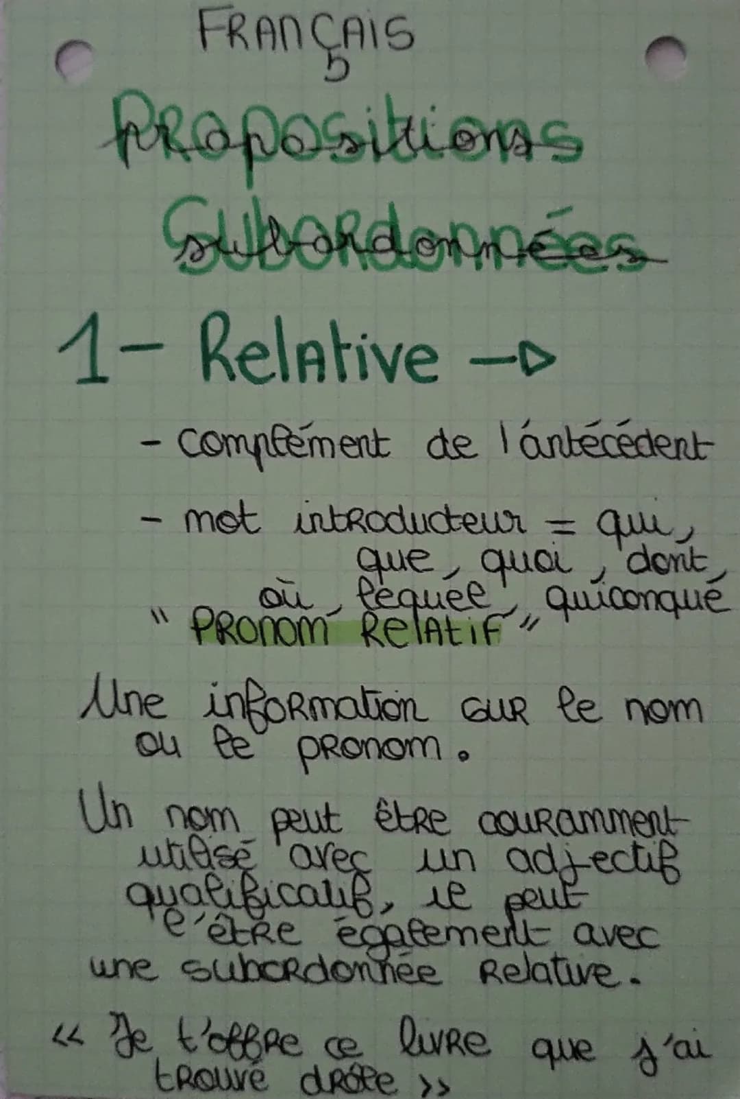FRANCAIS
Propositions
Subordonnées
1- Relative -
- Complément de l'antécédent
-
mot introducteur
qui,
que, quai, dont
où, lequel quiconque
"