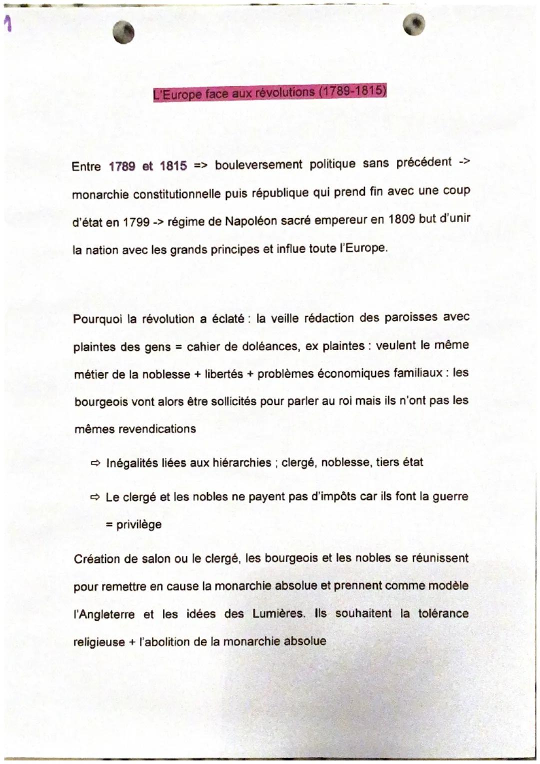 L'Europe face aux révolutions (1789-1815)
Entre 1789 et 1815 => bouleversement politique sans précédent ->
monarchie constitutionnelle puis 
