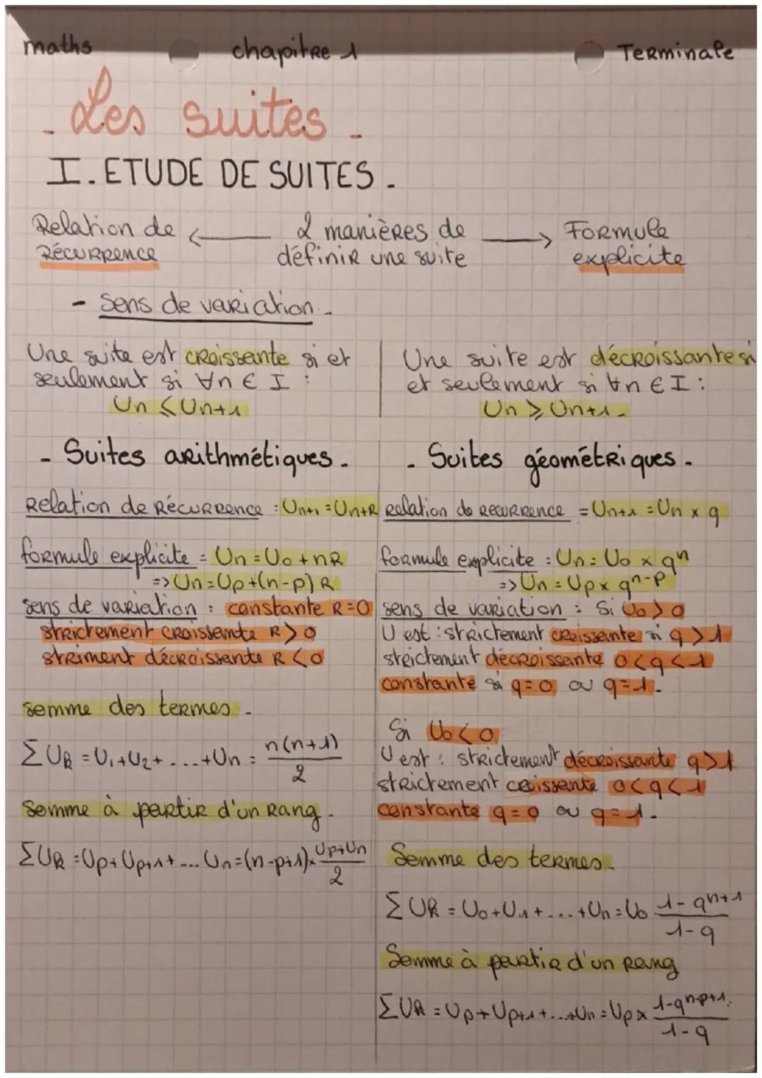 maths
chapitre 1
Terminale
# Les suites
I. ETUDE DE SUITES.
Relation de
Récurrence
I manières de
Formule
définir une suite
explicite
- Sens 
