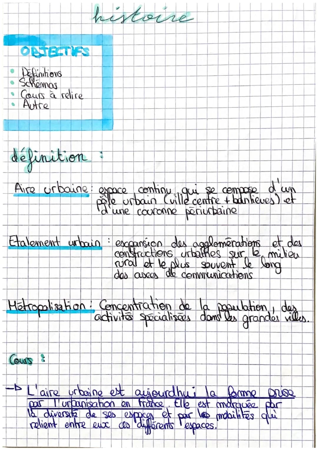 ONJECTIFS
•Definitions
Schemas
• Cours à relire
Autre
histoire
définition
Aire urbaine: espace continu qui se compose d'un
pole
urbain Cuill