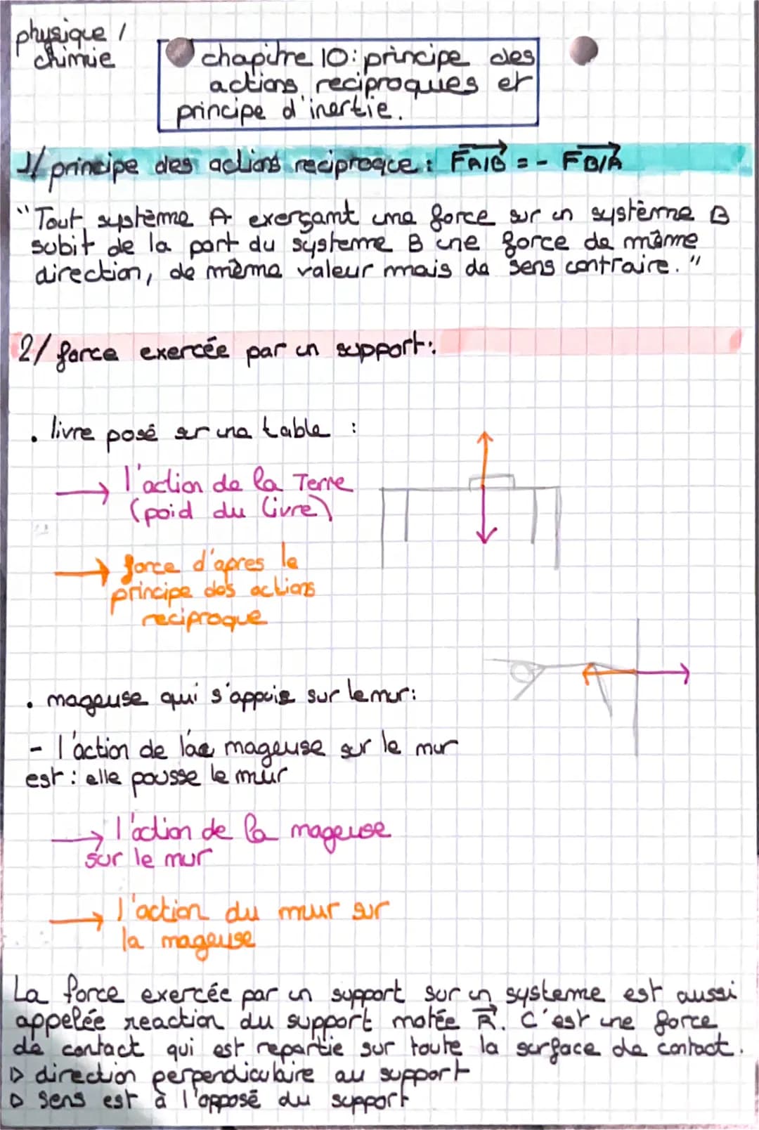 physique /
Chimie
1/ principe des actions reciproque : FAIB = - FOIA
`'Tout, système A exerçant une force sur un système B
subit de la part 