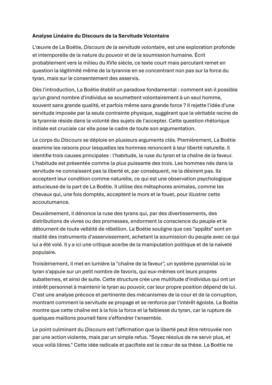 # Analyse Linéaire du Discours de la Servitude Volontaire

L'œuvre de La Boétie, Discours de la servitude volontaire, est une exploration pr