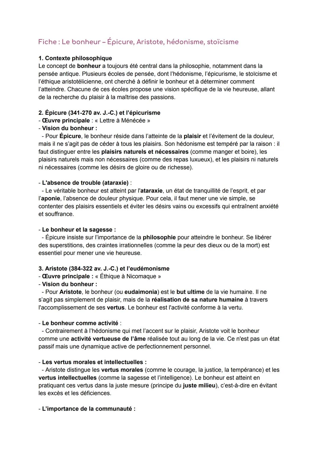 Fiche: Le bonheur - Épicure, Aristote, hédonisme, stoïcisme

1. Contexte philosophique
Le concept de bonheur a toujours été central dans la 