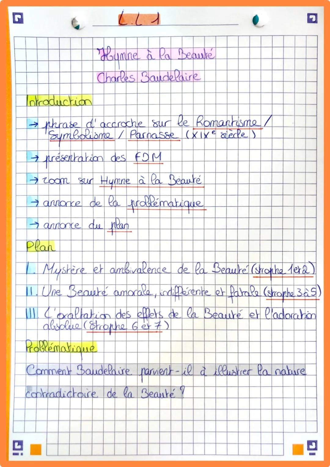 Hymne à la Beauté Baudelaire - Analyse linéaire et PDF