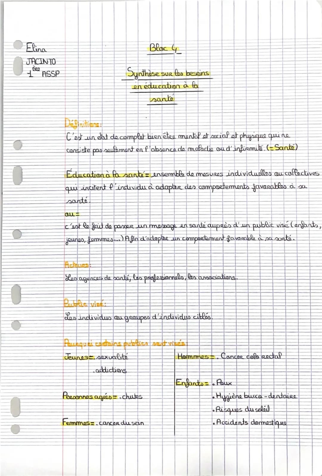 Elina
JACINTO
ORO
ASSP
Bloc 4
Synthèse sur les besoins
SUR
en éducation à fa
sante
O
C'est
un etat de complet bien être mental et social et 