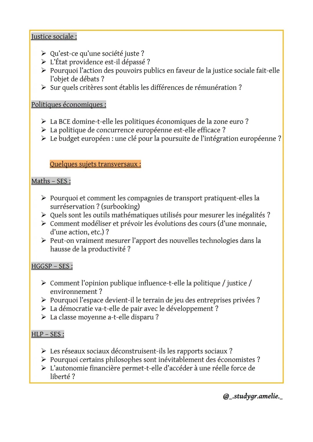 S.E.S.
Exemples de sujets pour le grand oral :
L'école :
➤ L'école accentue-t-elle les inégalités ?
➤ Les stratégies des familles : quels ef