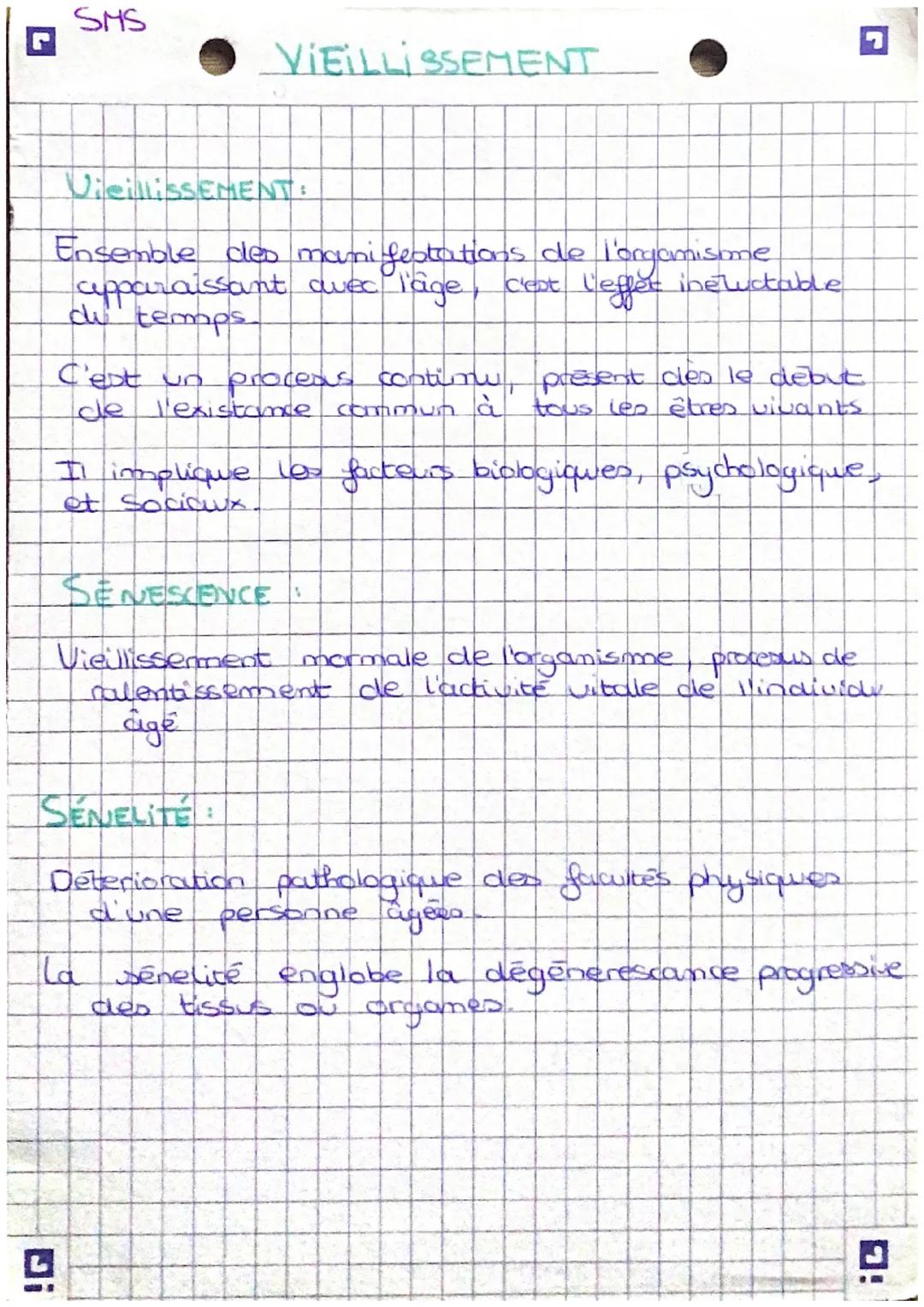 SMS
# VIEILLISSEMENT

VieillissEMENT:
Ensemble des manifestations de l'orgamisme
apparaissant avec l'âge, c'est l'effet ineluctable
du temps