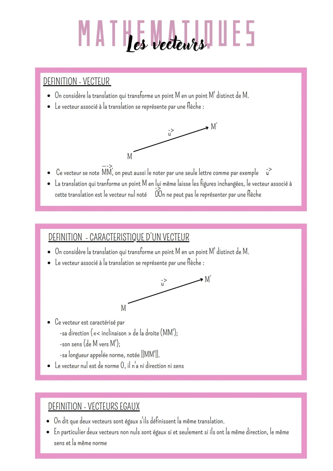 MATHEM
Les Vecteurs! DES
DEFINITION-VECTEUR
●
On considère la translation qui transforme un point M en un point M' distinct de M.
Le vecteur