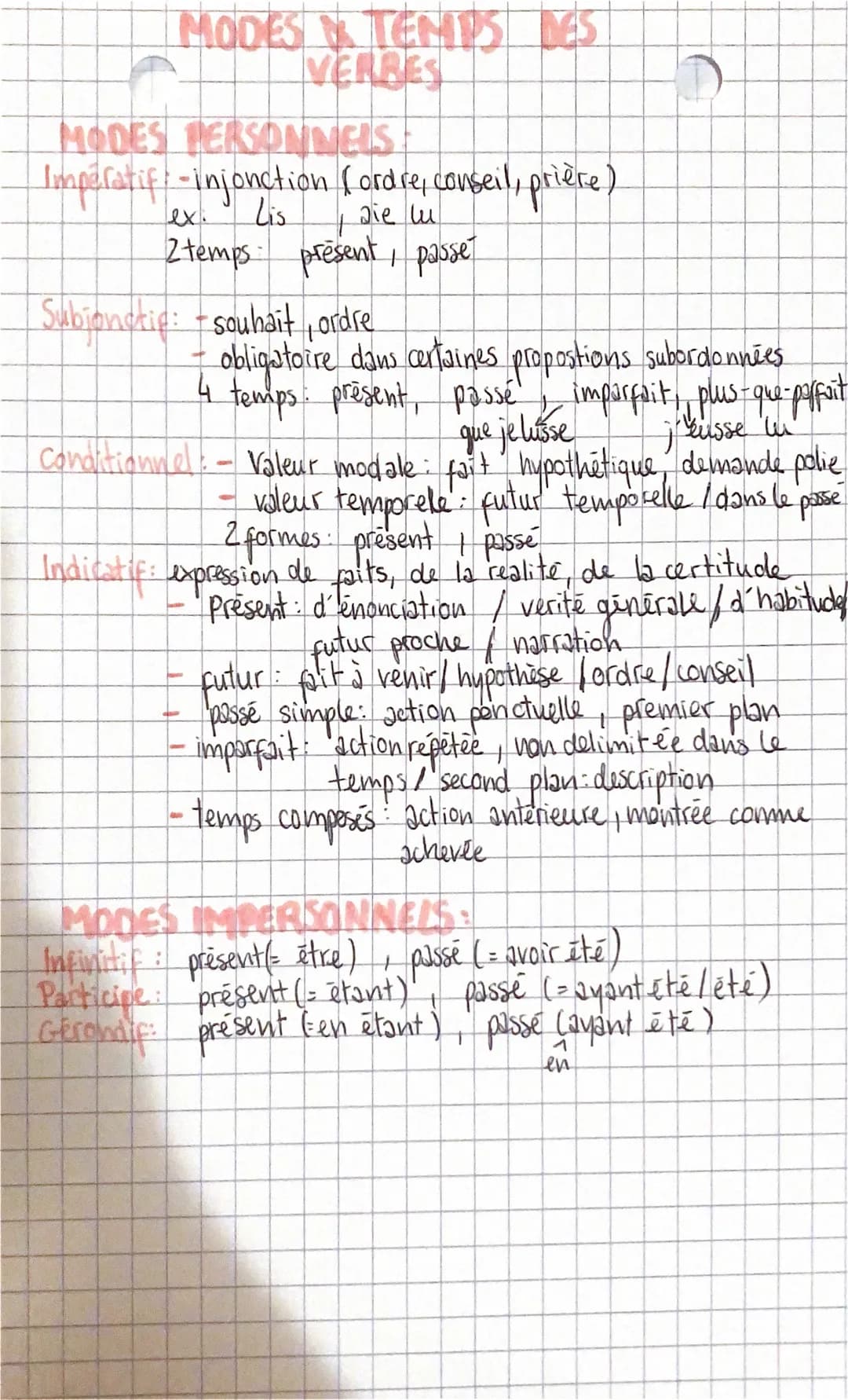 MODESTEMPS DES
VERBES
MODES PERSONNELS
Imperatif - injonction (ordre, conseil, prière)
Lis
Die lu
2 temps présent, passe
Subjonctie: -souhai