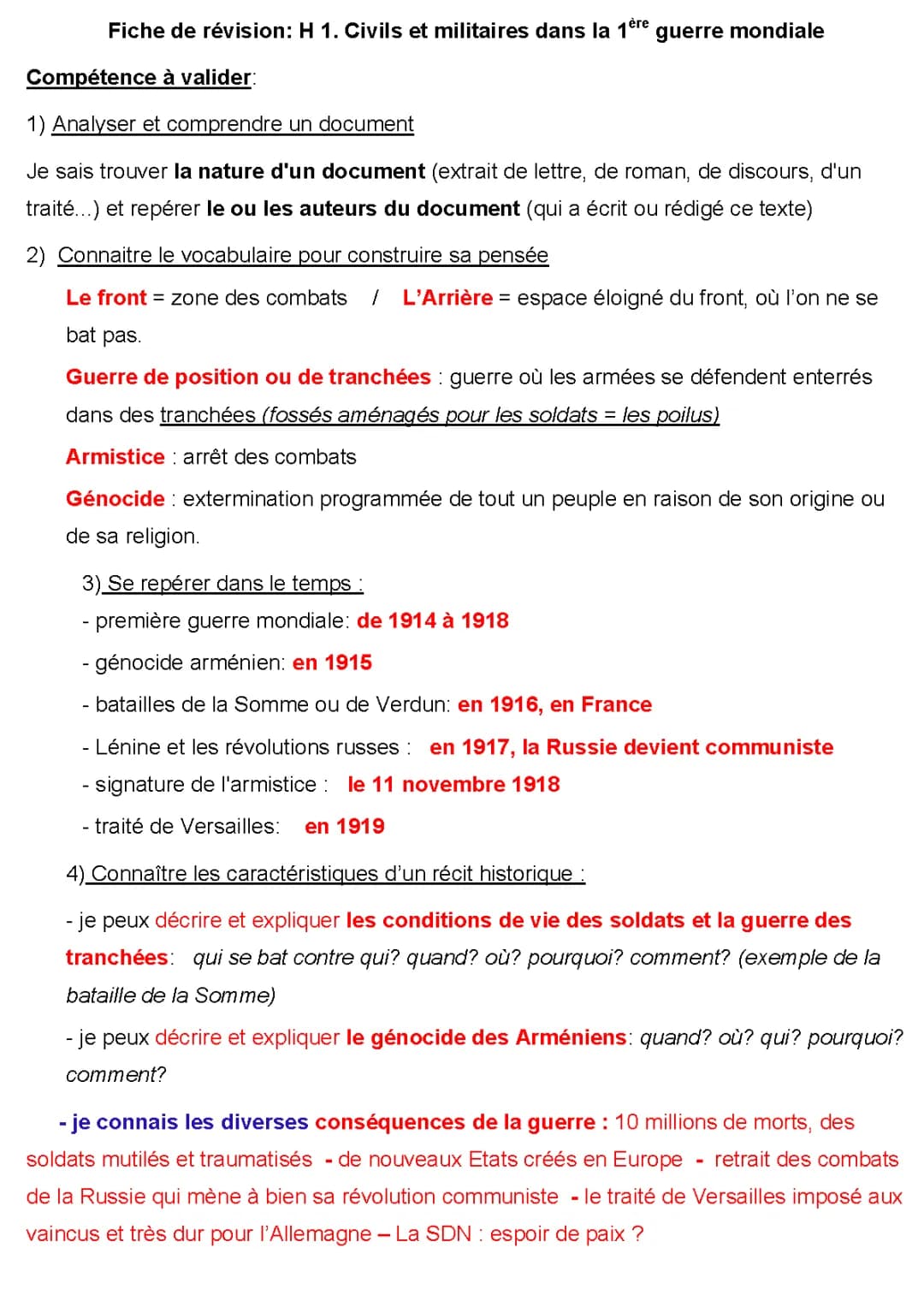 Fiche de révision 3ème sur la Première Guerre Mondiale en PDF