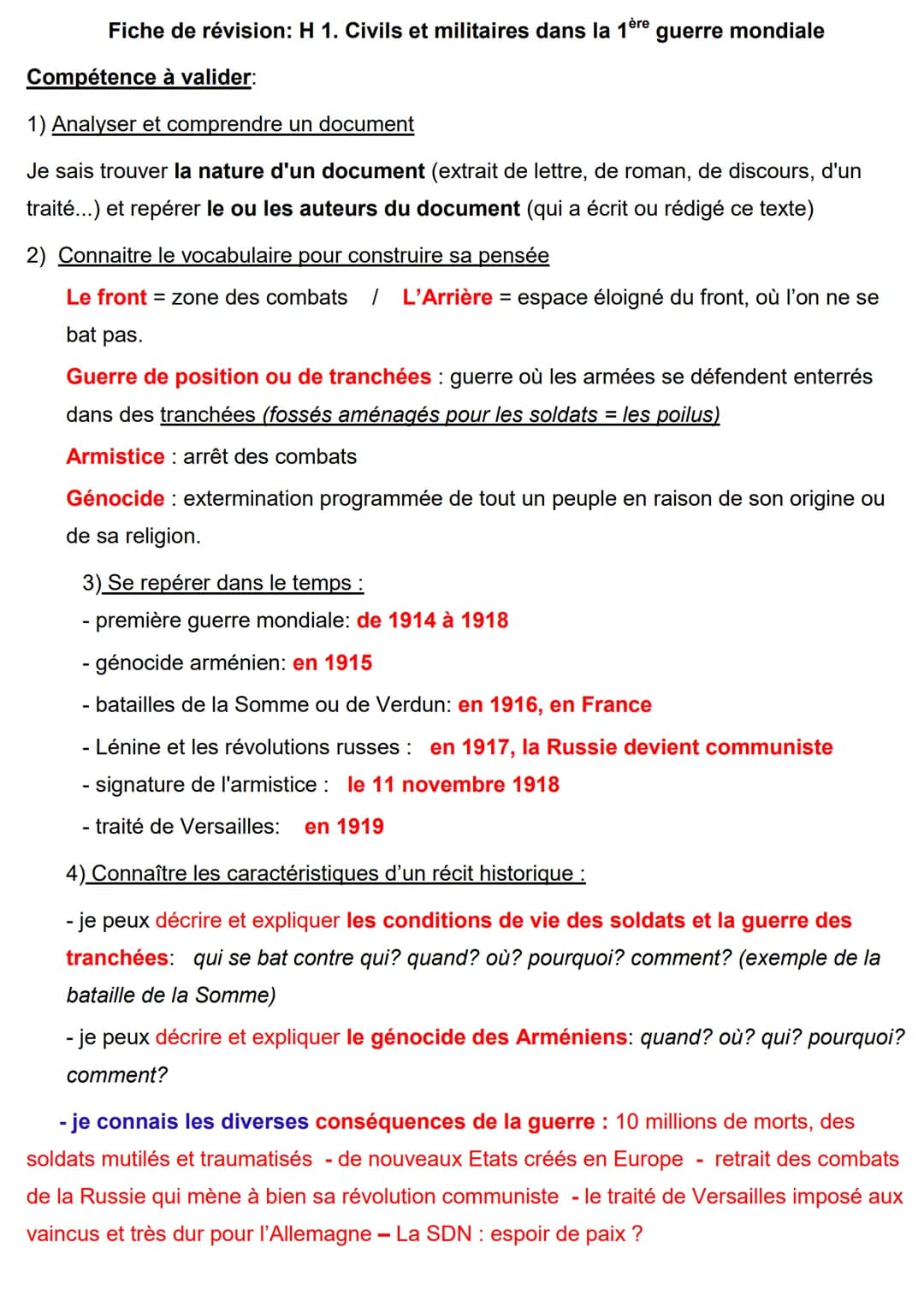 <h2 id="fichedervisionpremireguerremondiale">Fiche de révision: Première guerre mondiale</h2>
<h3 id="comptencesdusoclecycle4">Compétences d