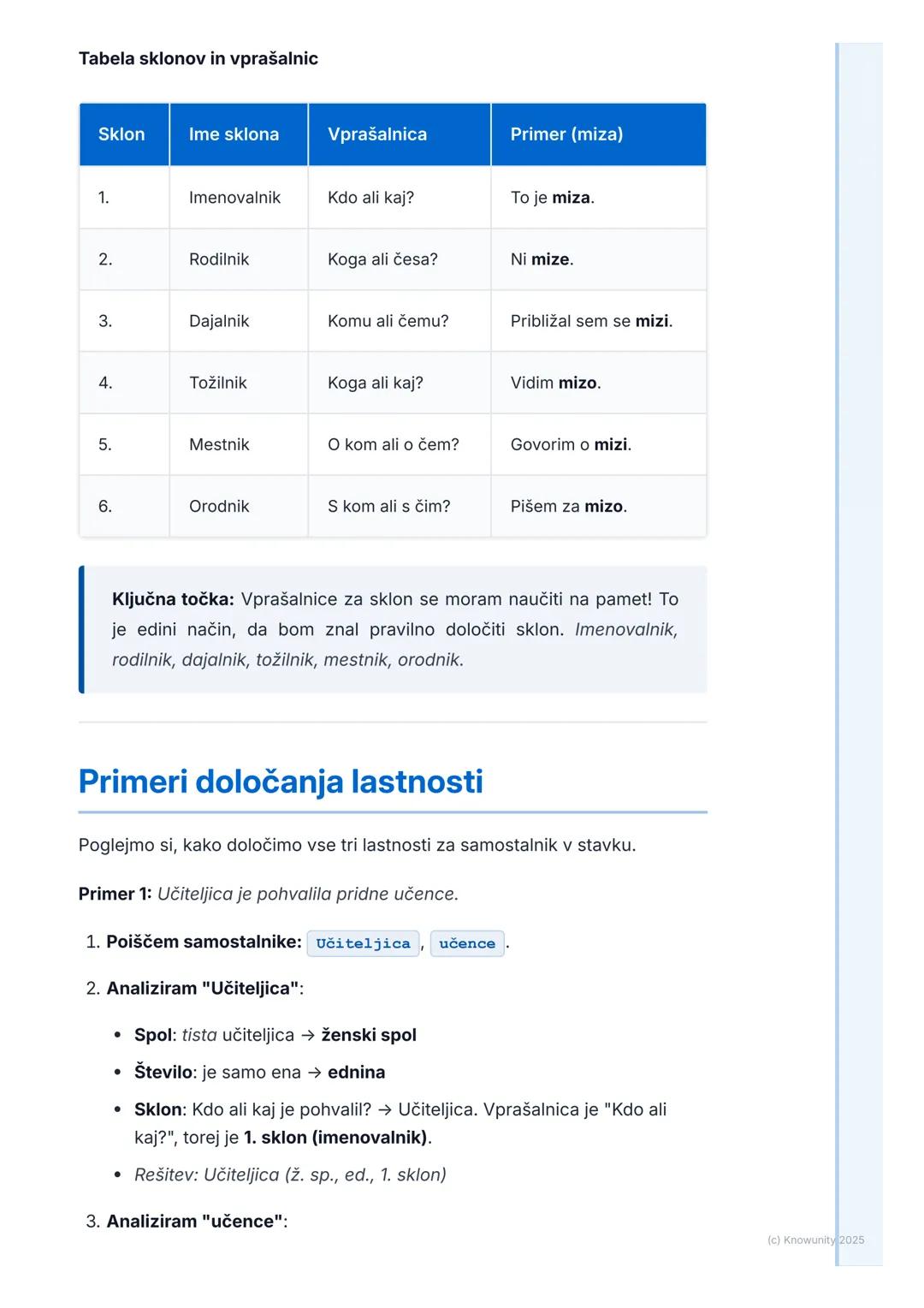# Samostalnik (Noun)

Kaj je samostalnik

Samostalnik je beseda, s katero poimenujemo bitja (npr. učenec, pes,
mama), stvari (npr. miza, zve