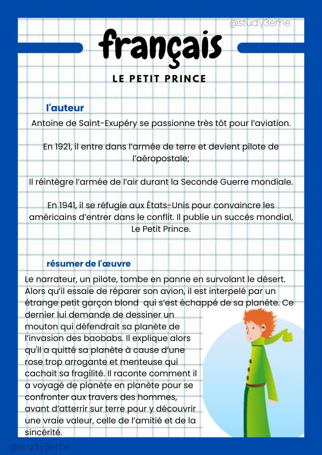 français
LE PETIT PRINCE
@stud.y3eme
l'auteur
Antoine de Saint-Exupéry se passionne très tôt pour l'aviation.
En 1921, il entre dans l'armée