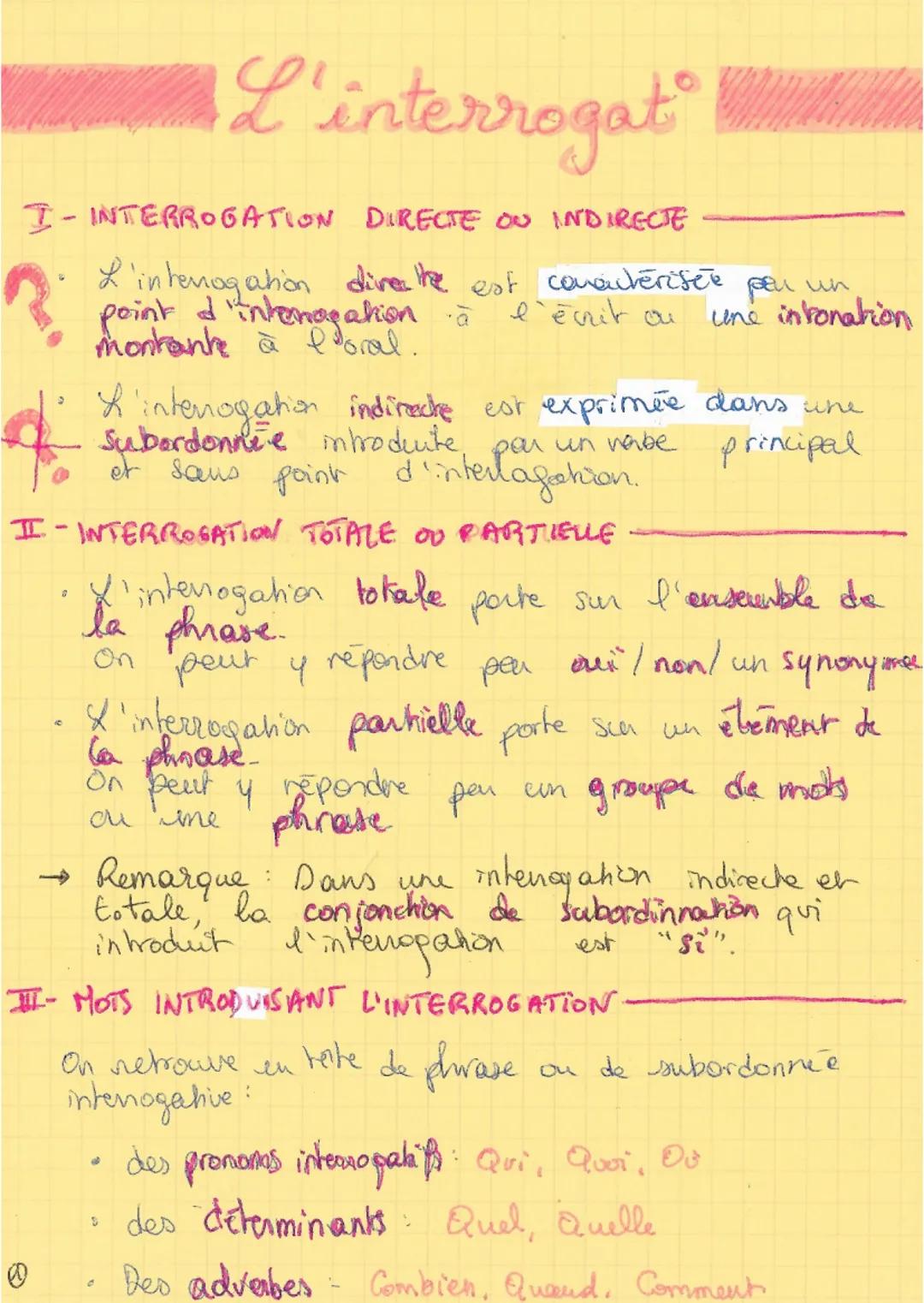I-INTERROGATION DIRECTE OU INDIRECTE
L'intenagation dire the est conactérisée per un
une intonation
montante nagatione eacher
à l'oral.
L'in