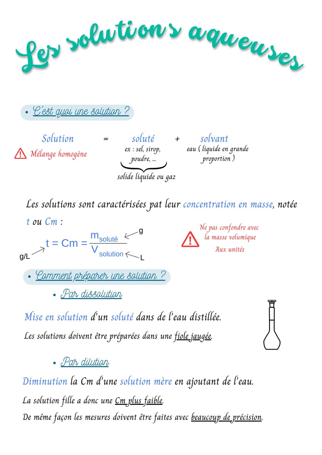 Les solutions aqueuses
C'est quoi une solution ?
Solution
A Mélange homogène
g/L
t = Cm =
Les solutions sont caractérisées pat leur concentr