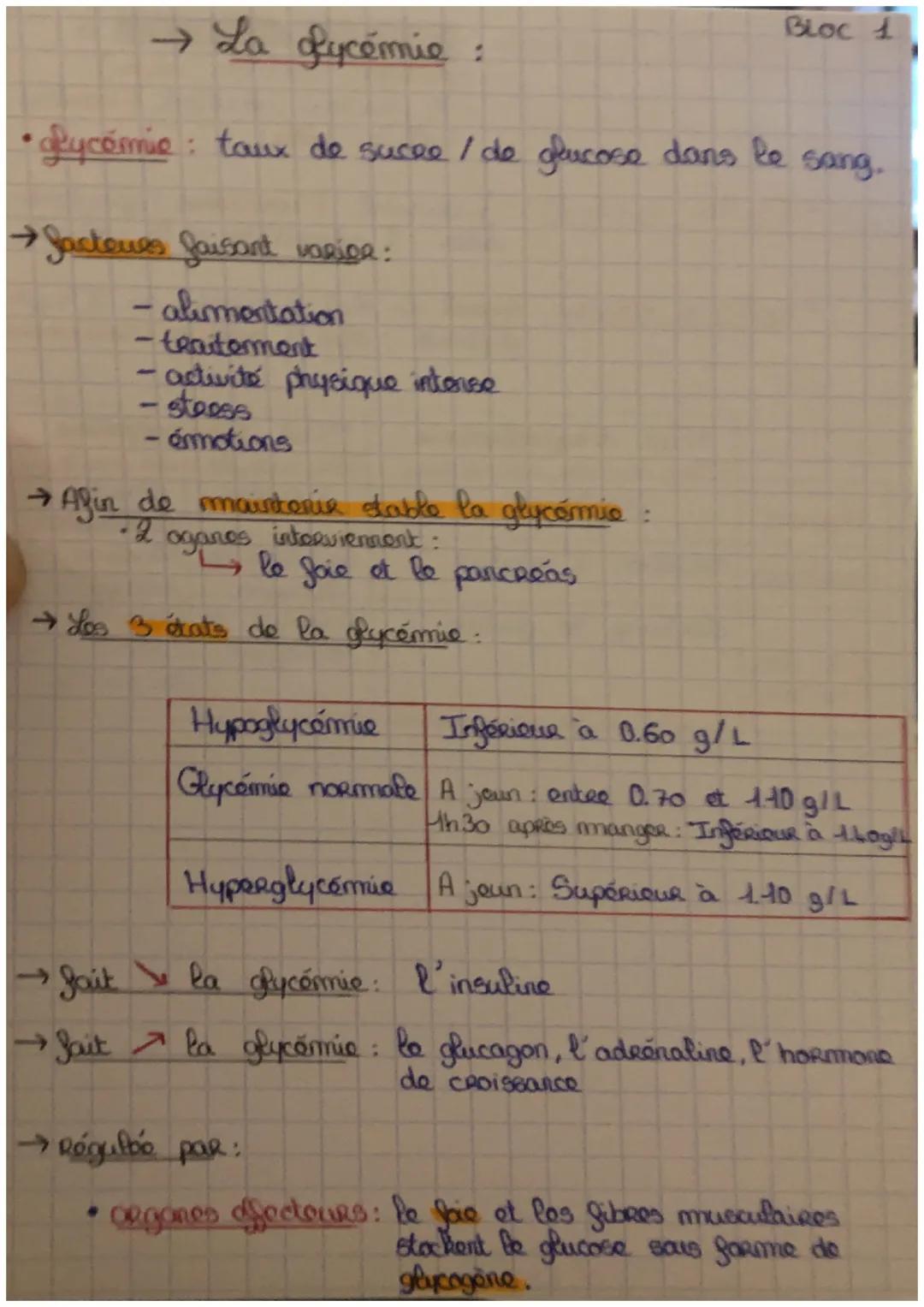 → La glycémie :
Bloc 1
•lycémie : taux de sucre / de glucose dans le sang.
→Jacteues faisant variga:
- alimentation
- traitement
- activité 