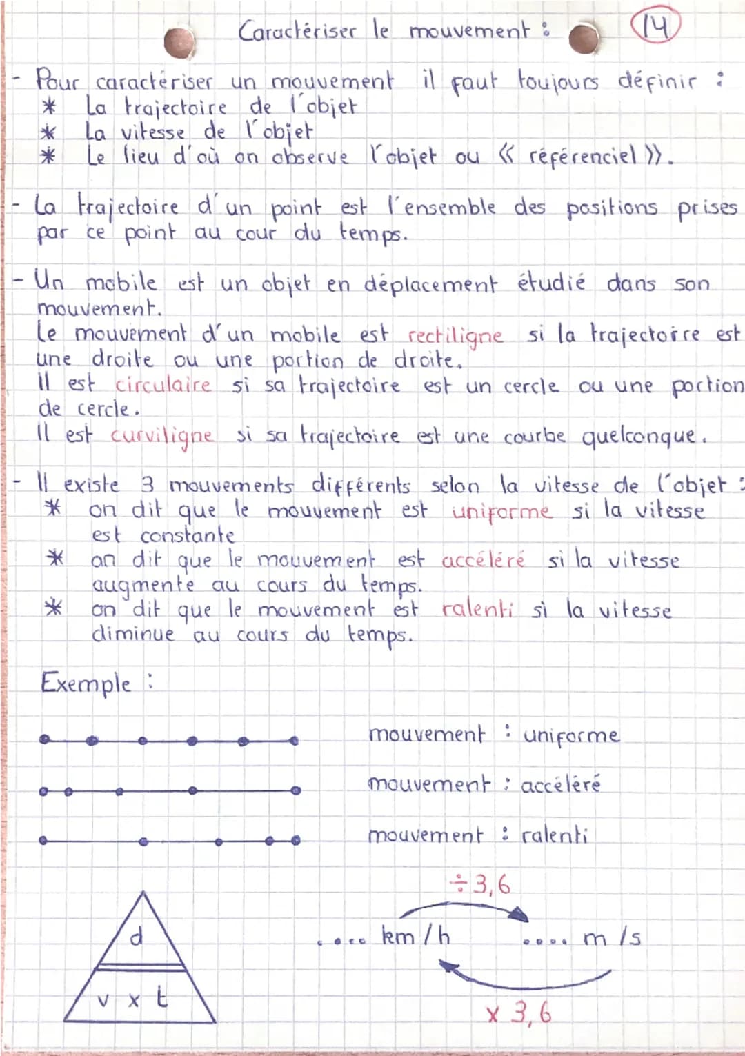 --- OCR Start ---
Caractériser le mouvement:
14
- Pour caractériser un mouvement il faut toujours définir:
* La trajectoire de l'objet
* La 