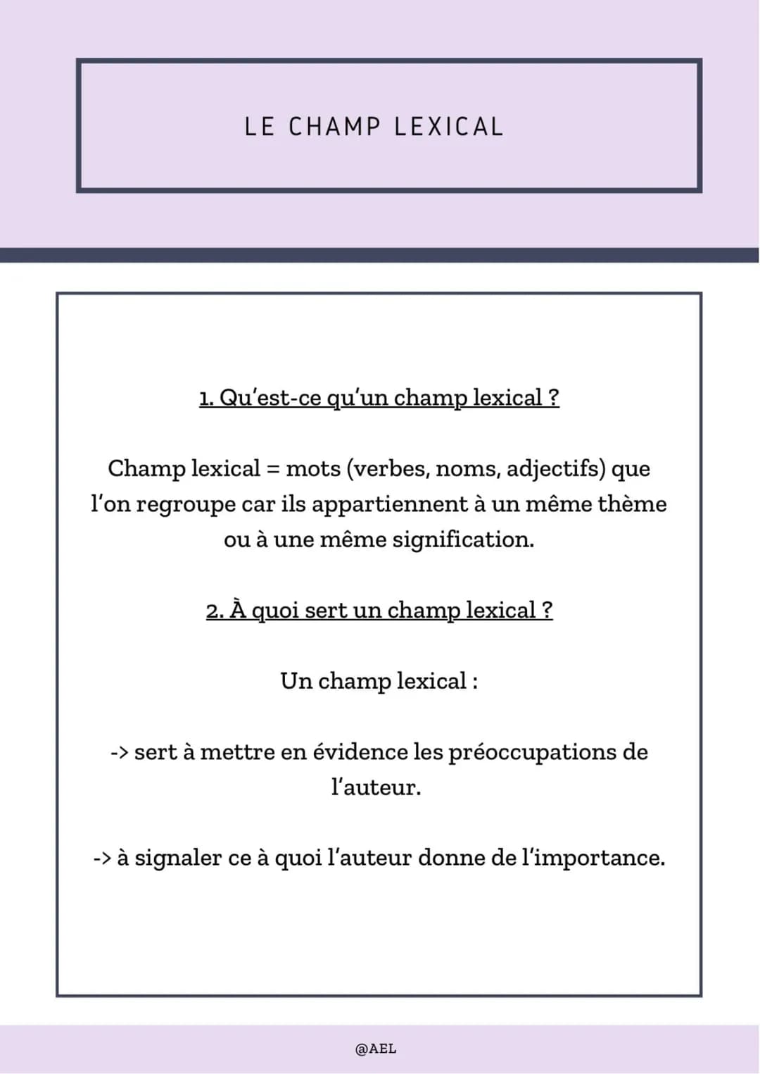 LE CHAMP LEXICAL
1. Qu'est-ce qu'un champ lexical?
Champ lexical = mots (verbes, noms, adjectifs) que
l'on regroupe car ils appartiennent à 