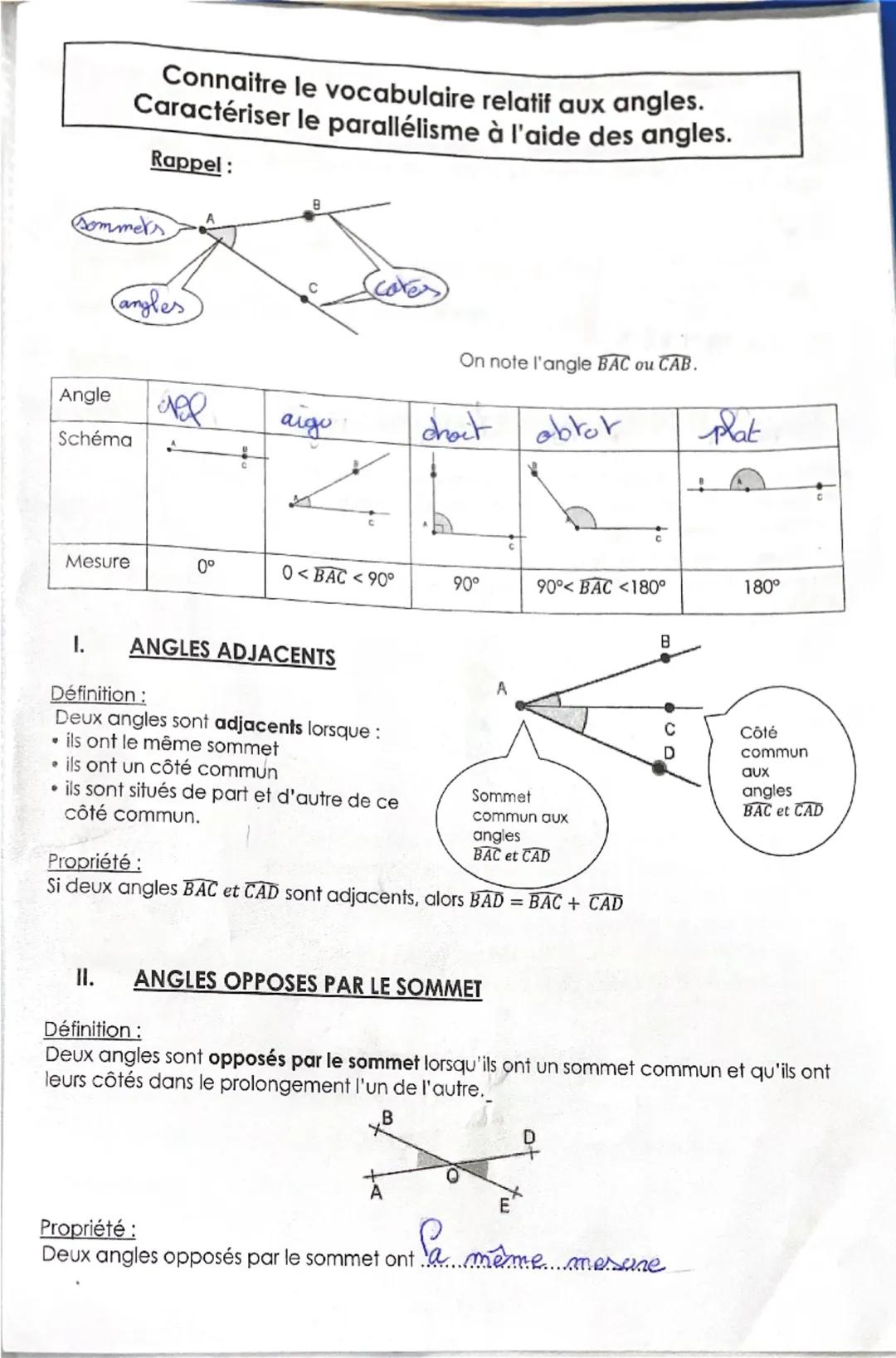 Connaitre le vocabulaire relatif aux angles.
Caractériser le parallélisme à l'aide des angles.

Rappel:

Sommers

Caves

angles

On note l'a