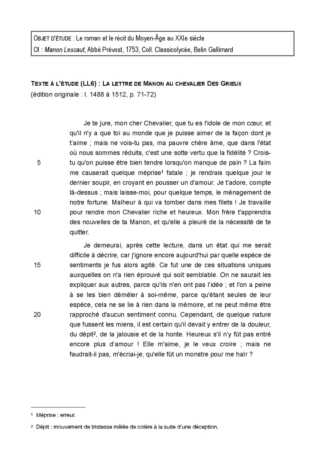 Lecture Manon Lescaut: Résumé et Analyse Linéaire de La Lettre de Manon