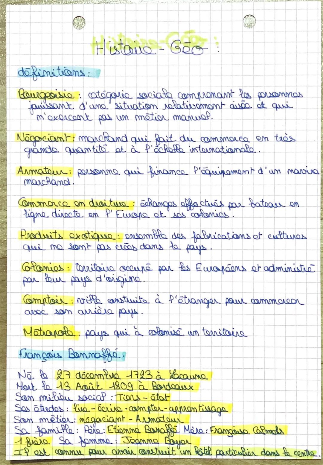 Histoire-Géo :
definitions:
Bourgeoisie: catégorie sociate comprenant les personnes
jauissant d'une situation relativement aiseo of qui
m'ex