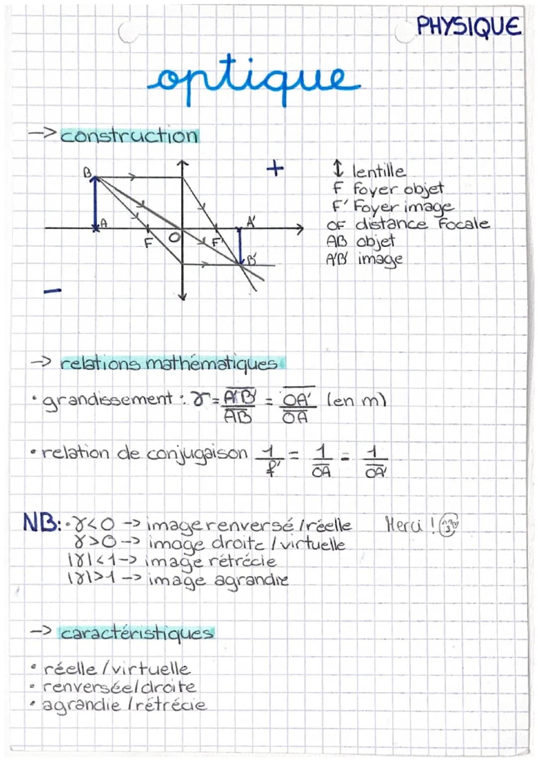 optique
->construction
PHYSIQUE
T
10
+
I lentille
F foyer objet
F' Foyer image
A
→
OF distance Focale
AB objet
AB image
→ relations mathémat