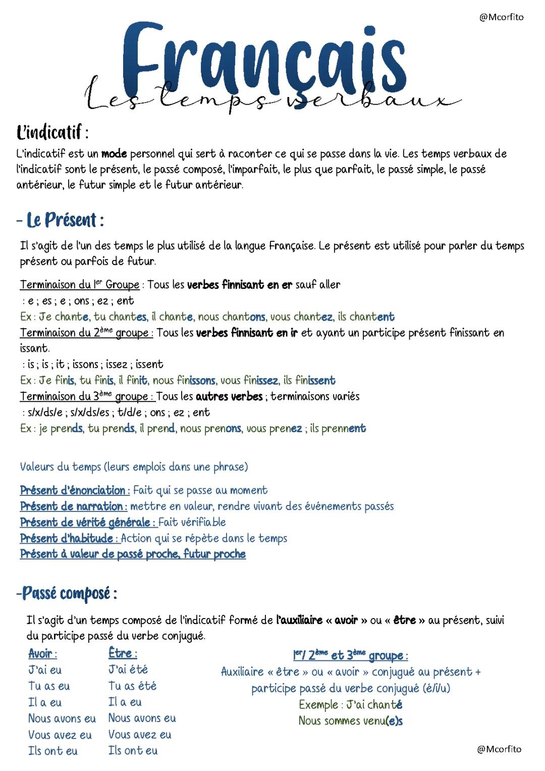 Les temps de l'indicatif et leurs valeurs - Tableau et exercices PDF