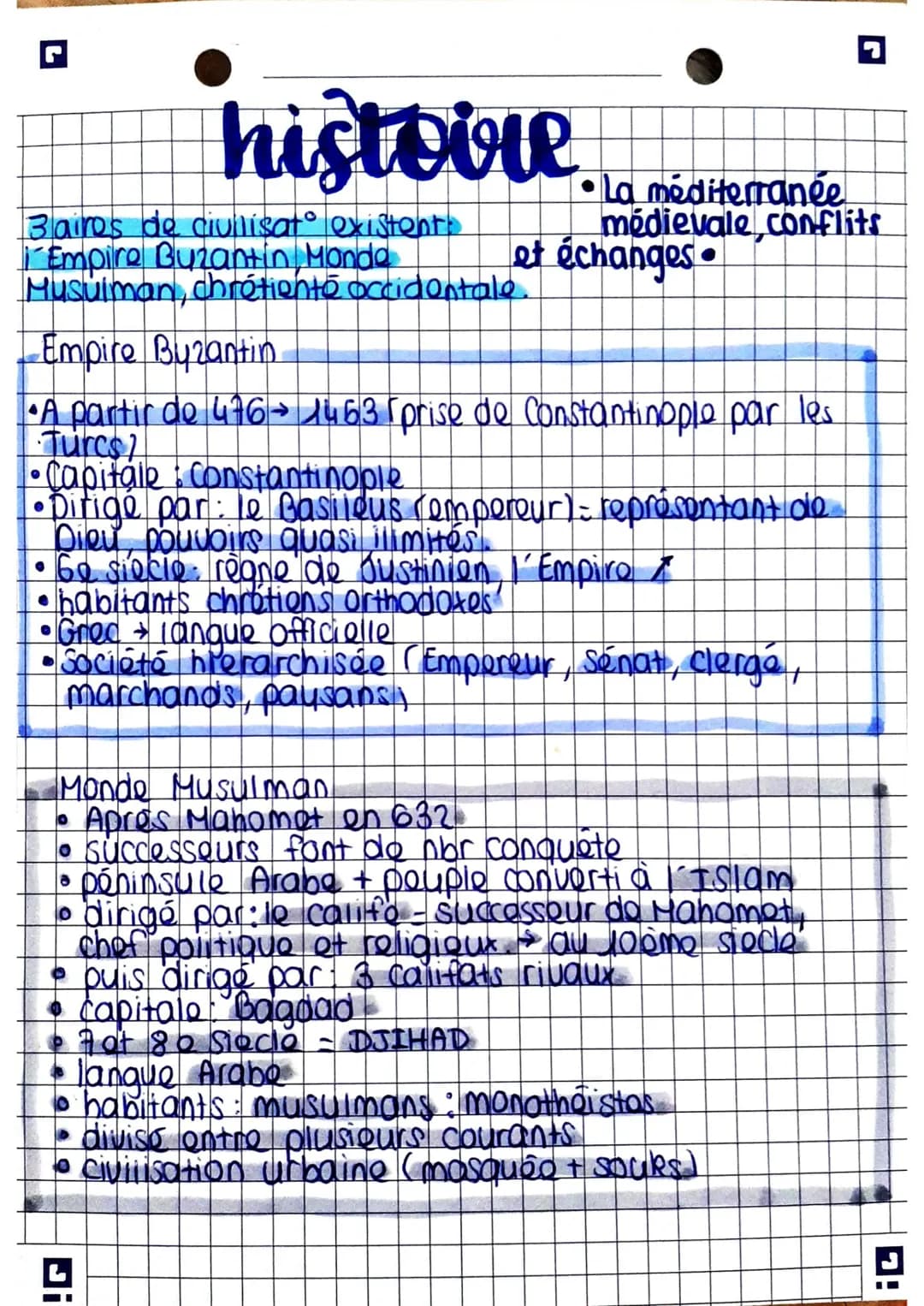 G
Baires de civilisato existents
i´Empire Buzantin Monda
Musulman, chrétienté occidentale.
histoire.
- Empire Byzantin
•A partir de 476 → 14